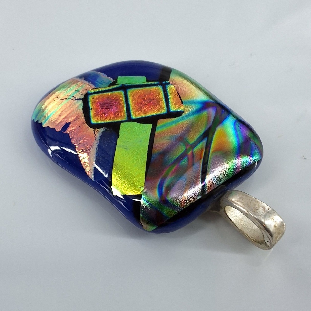 Artisan Dichroic Fused Glass Pendant Iridescent Cobalt Blue Geometric Jewelry