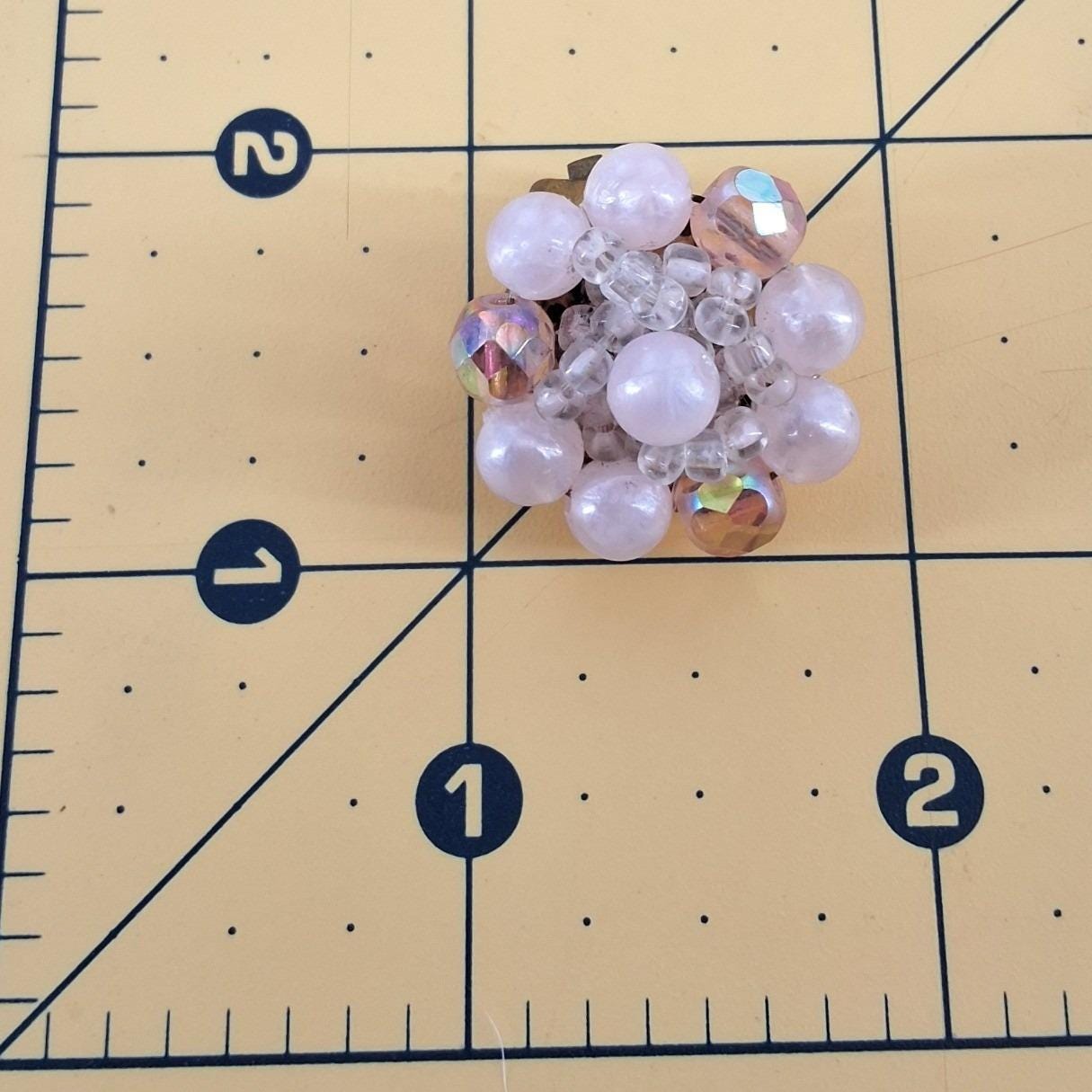 Vintage West Germany Pink Faux Pearl & AB Crystal Cluster Clip On Earrings - View 5