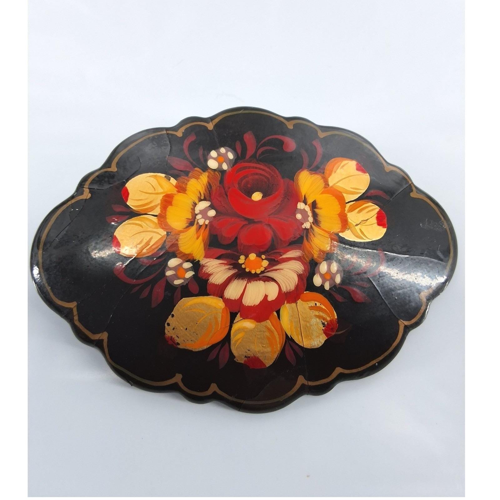 Vintage Russian Lacquer Brooch Hand Painted Floral Zhostovo Signed Black Pin