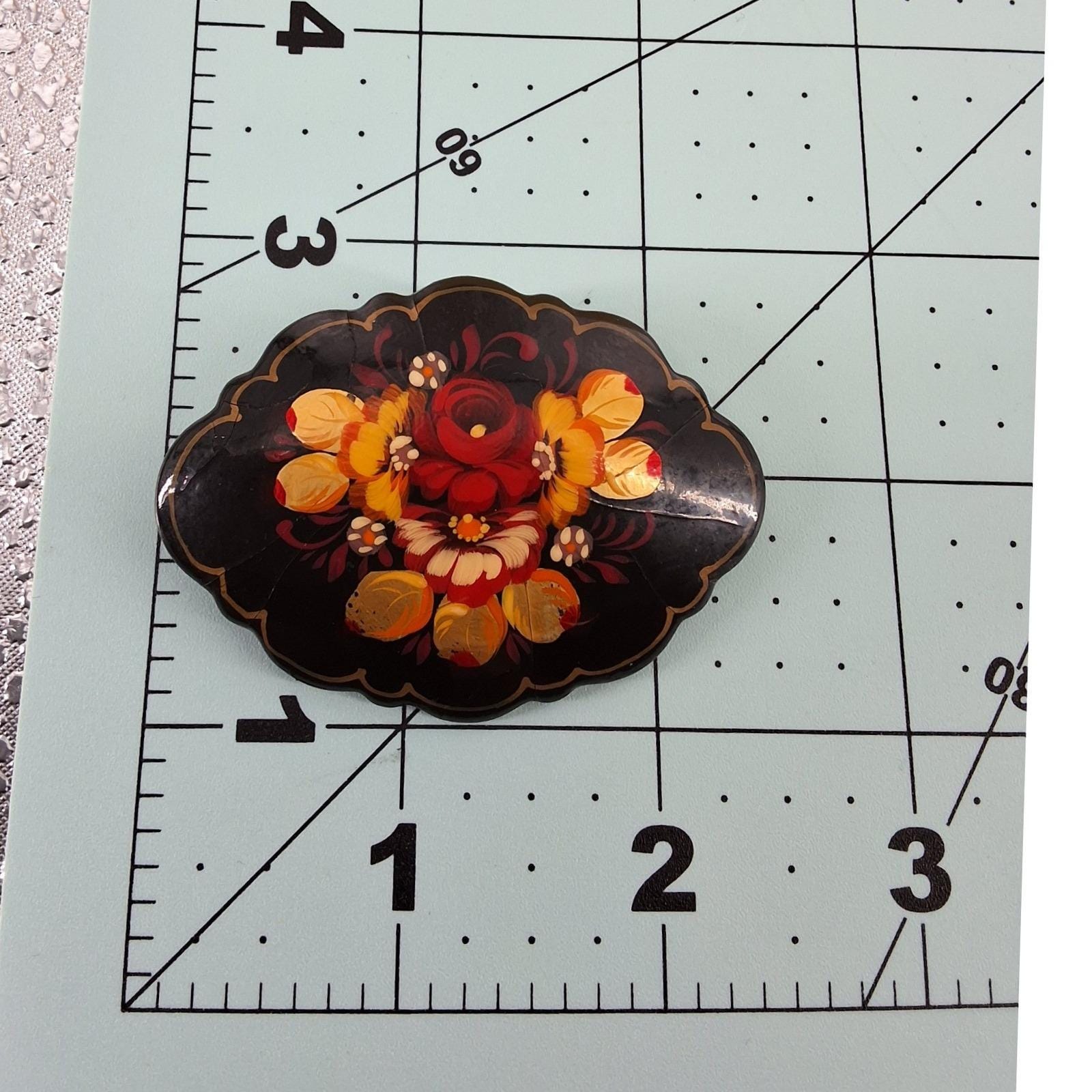 Vintage Russian Lacquer Brooch Hand Painted Floral Zhostovo Signed Black Pin - View 3