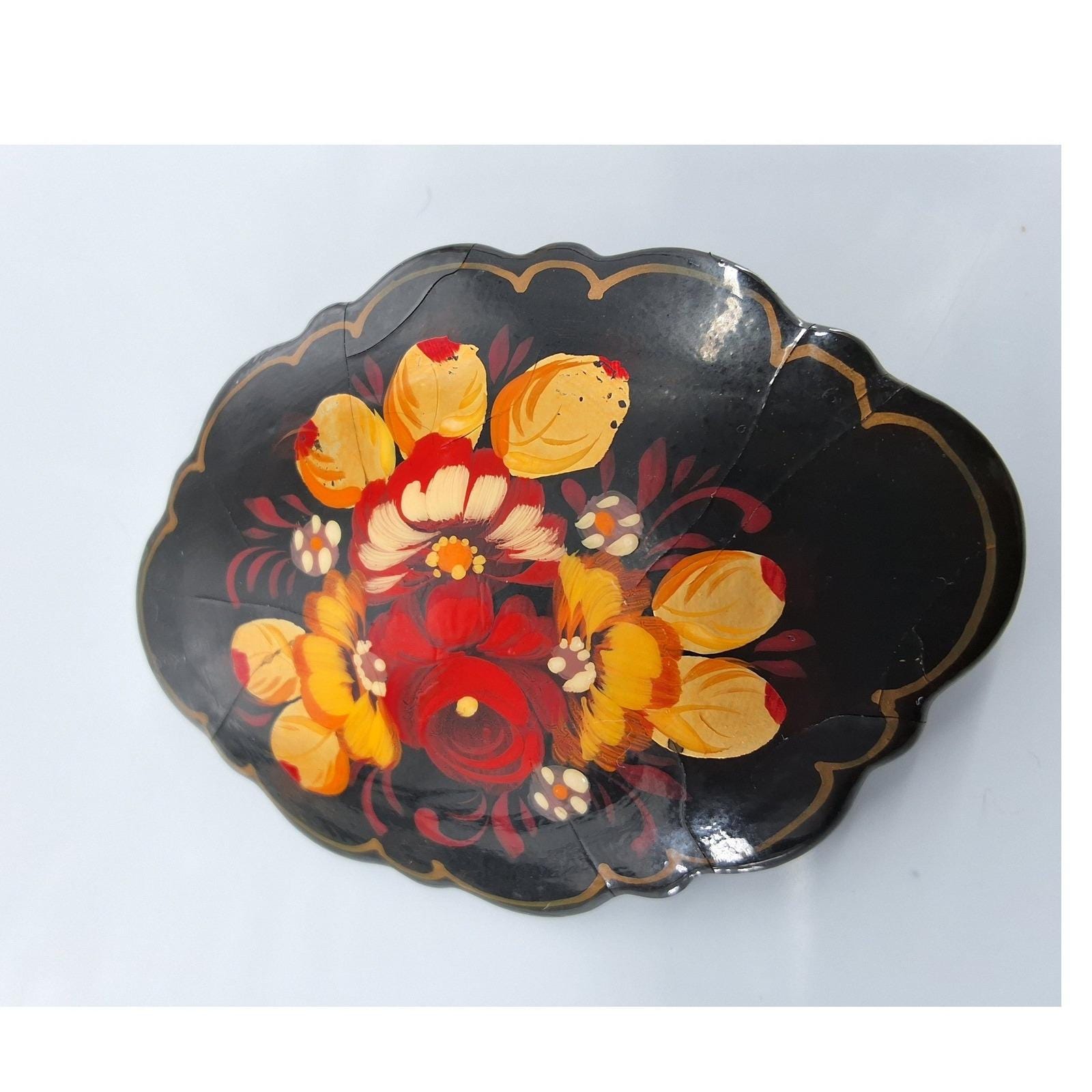 Vintage Russian Lacquer Brooch Hand Painted Floral Zhostovo Signed Black Pin - View 5