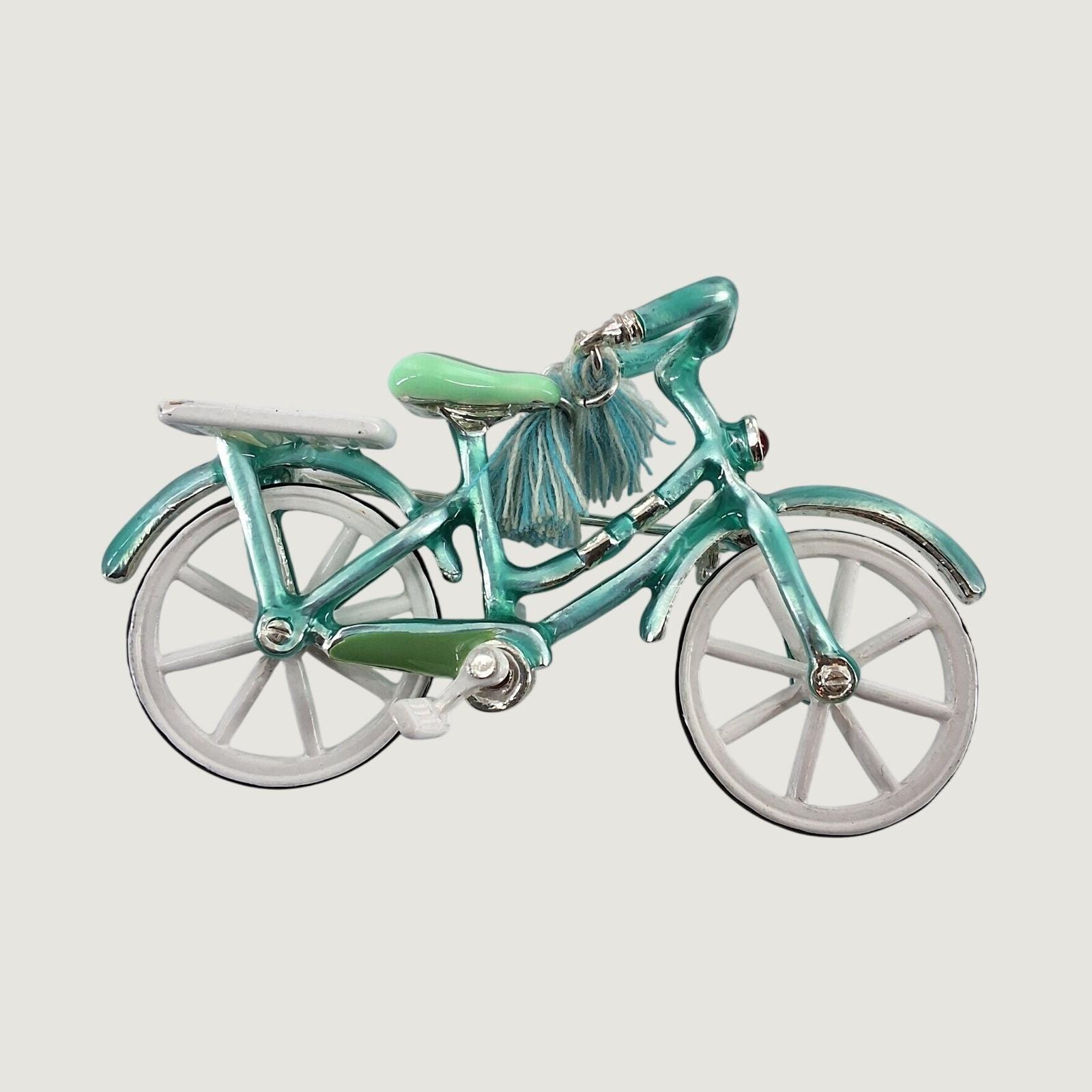 Teal Enamel Bicycle Brooch Silver Tone Tassel Rhinestone Novelty Pin Accessory