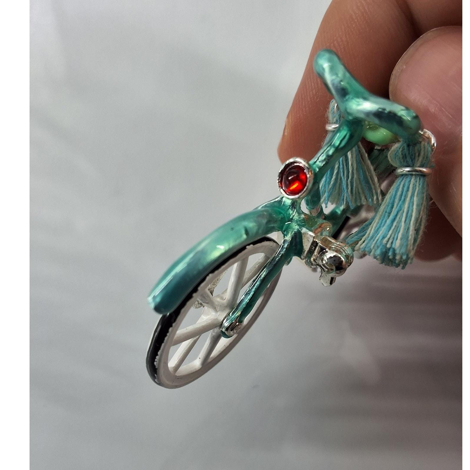 Teal Enamel Bicycle Brooch Silver Tone Tassel Rhinestone Novelty Pin Accessory
