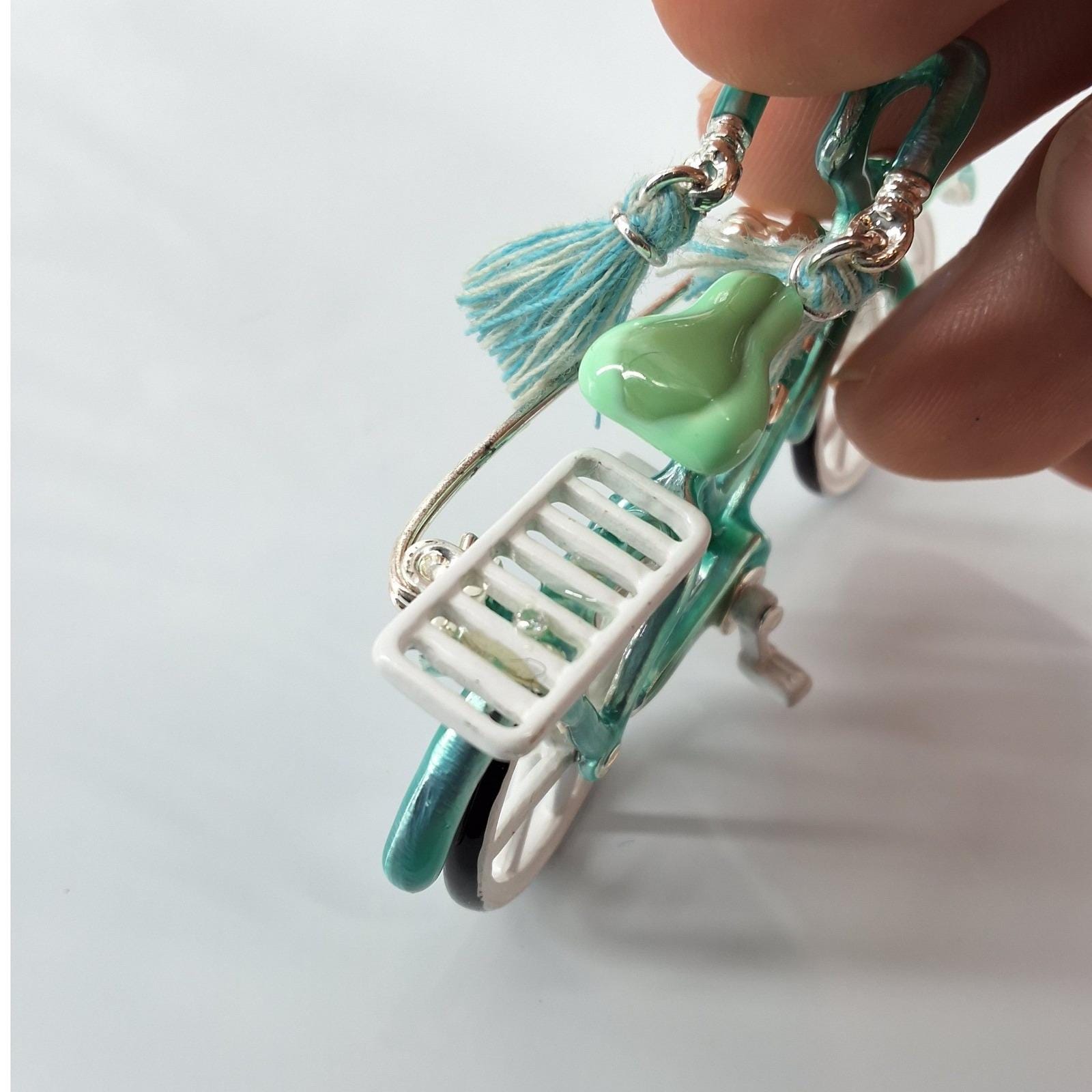 Teal Enamel Bicycle Brooch Silver Tone Tassel Rhinestone Novelty Pin Accessory - View 3