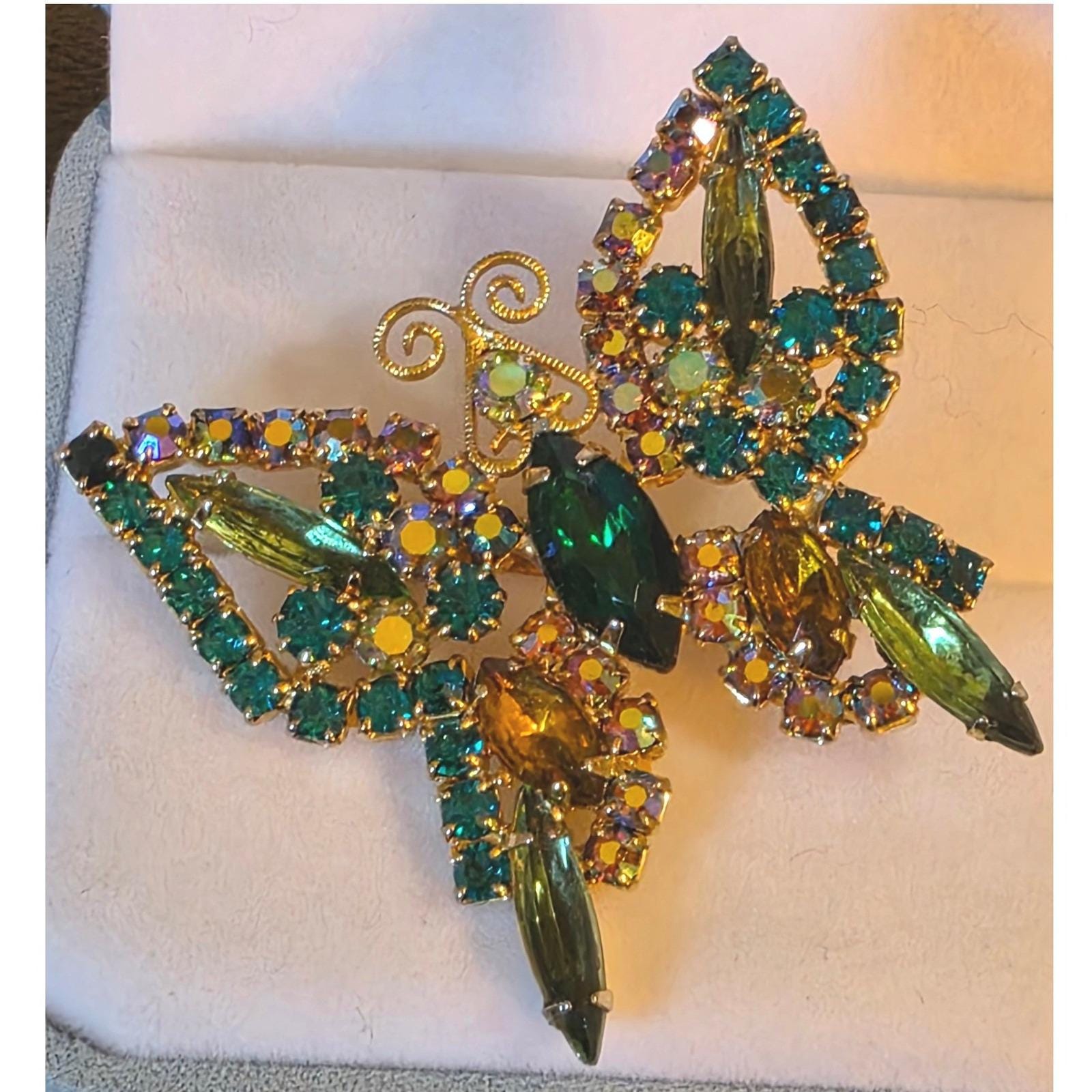 Vintage Multicolor Rhinestone Butterfly Brooch Gold Tone AB Crystal Pin