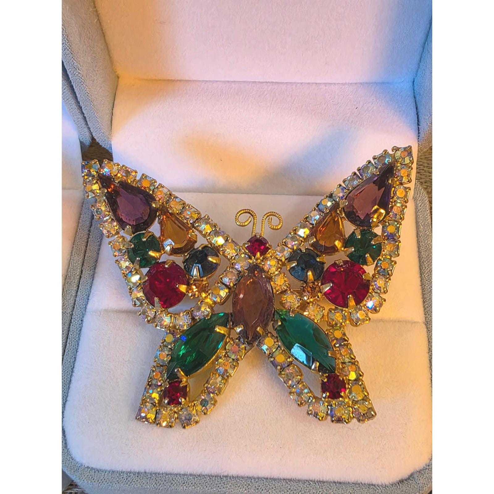 Vintage Kramer New York Butterfly Brooch Multi Color Rhinestone Gold Tone Pin