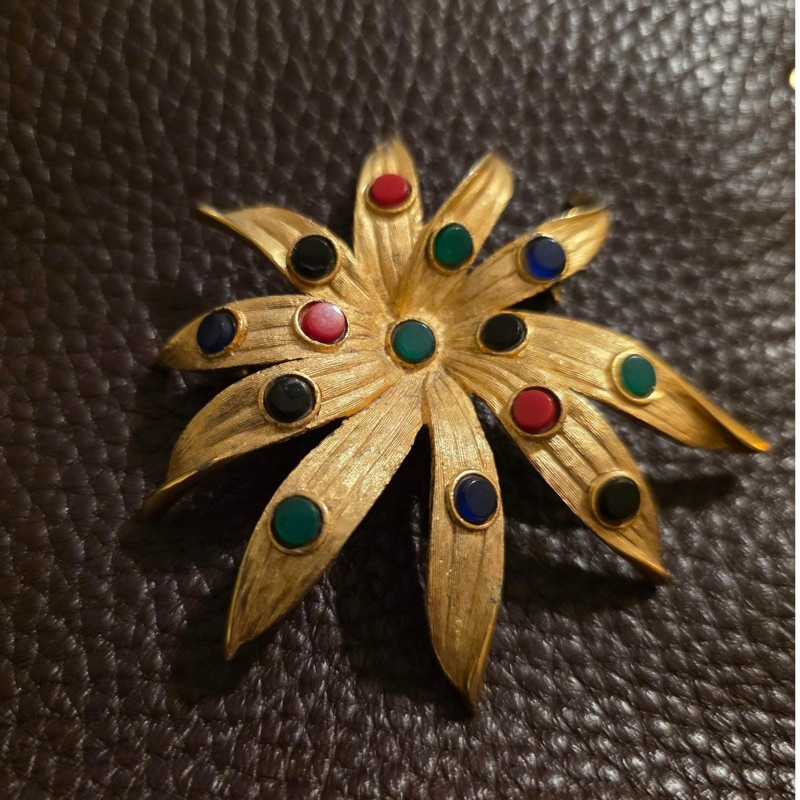 Vintage Kramer of New York Sunburst Brooch Multi-Color Cabochon Gold Tone