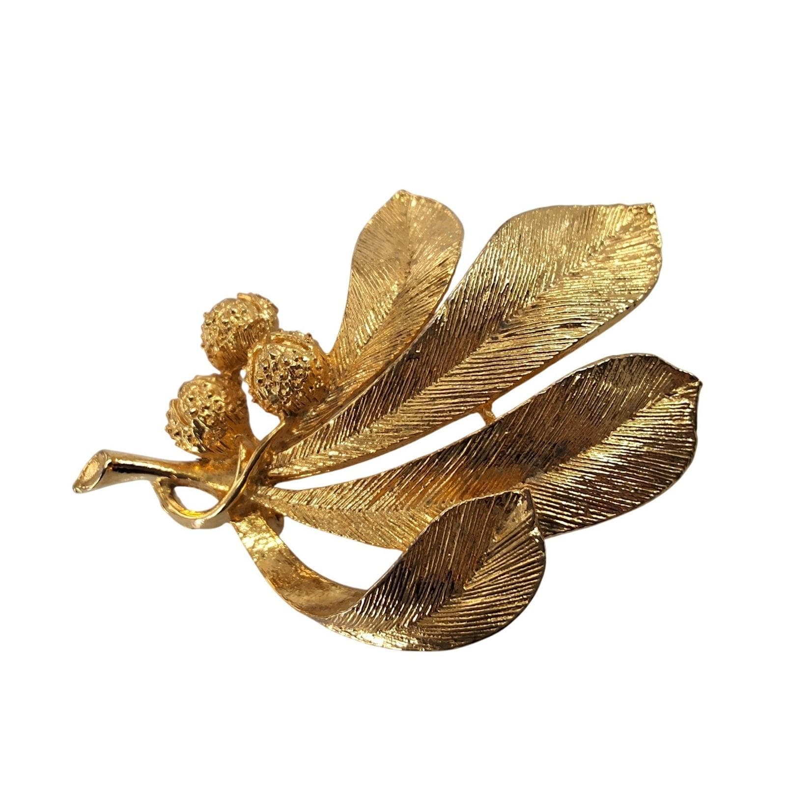 Vintage Gold Tone Leaf and Acorn Brooch Pin Mid Century Botanical Nature Jewelry