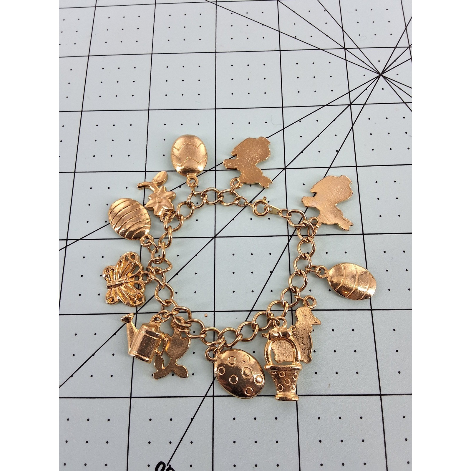 Gold Tone Easter Spring Charm Bracelet Bunny Egg Butterfly Watering Can 7.5 Inch - View 5