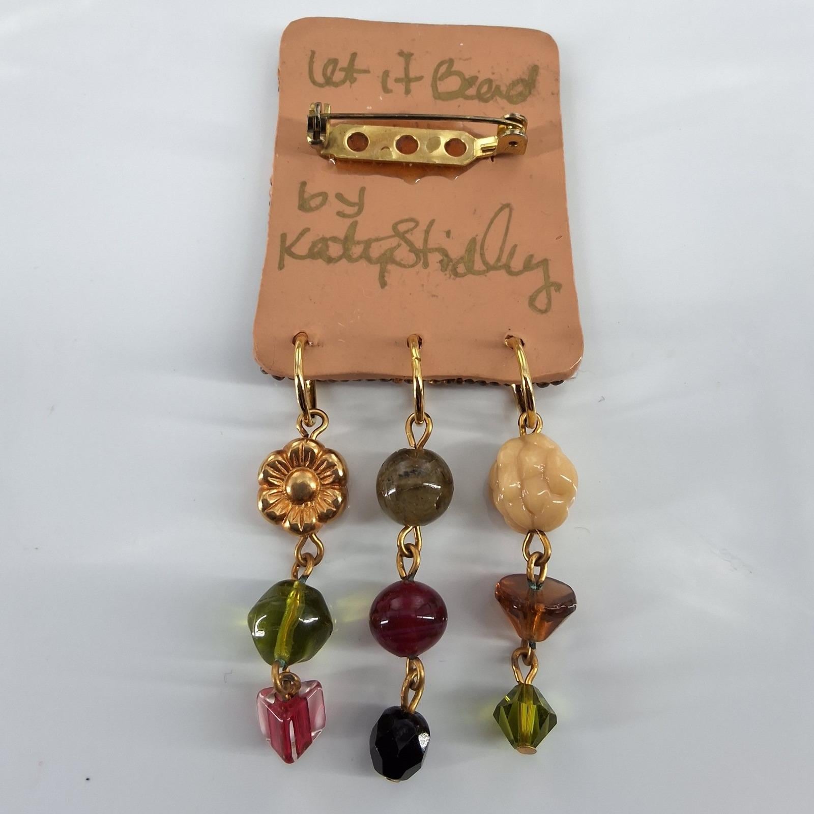Let It Bead Katy Stidley Bird Floral Brooch Pin Beaded Dangle Vintage Handmade