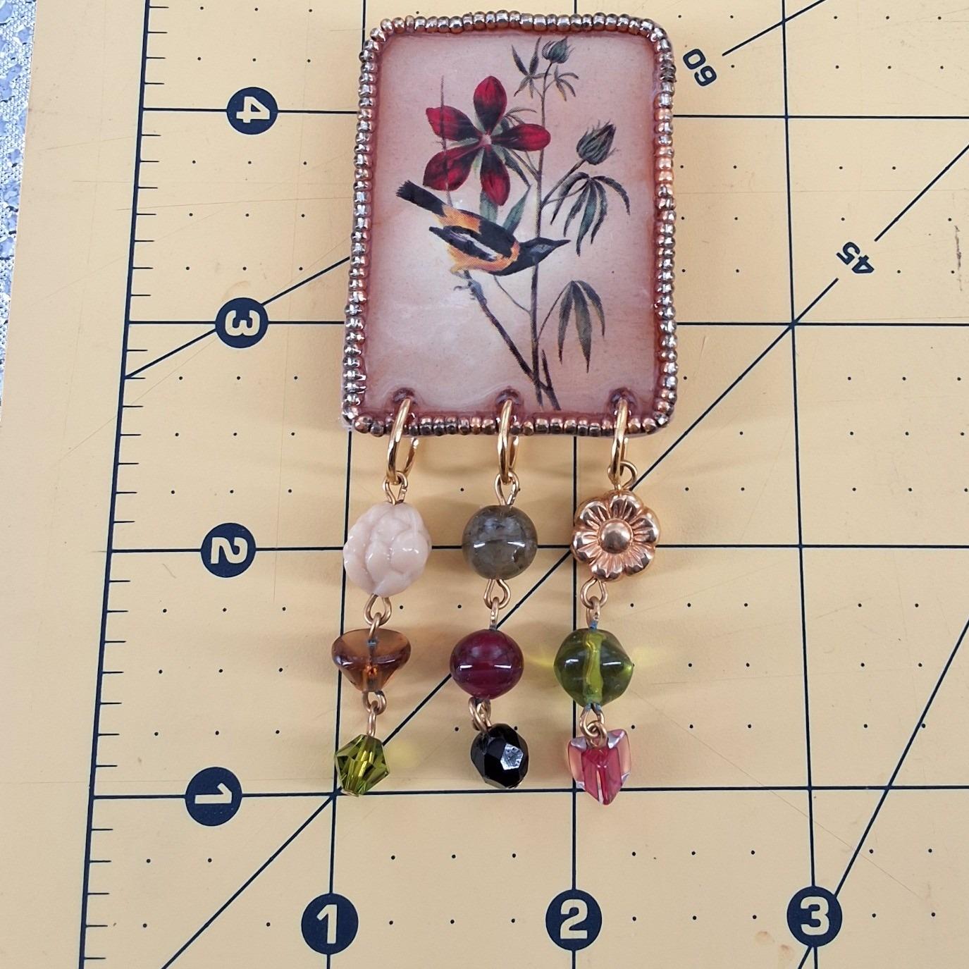 Let It Bead Katy Stidley Bird Floral Brooch Pin Beaded Dangle Vintage Handmade - View 3