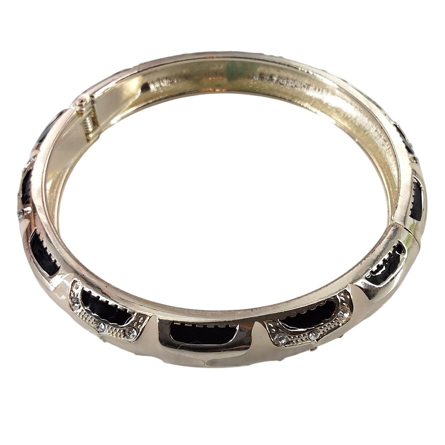 Vintage Black Enamel Gold Tone Hinged Bangle Bracelet Rhinestone Art Deco Style