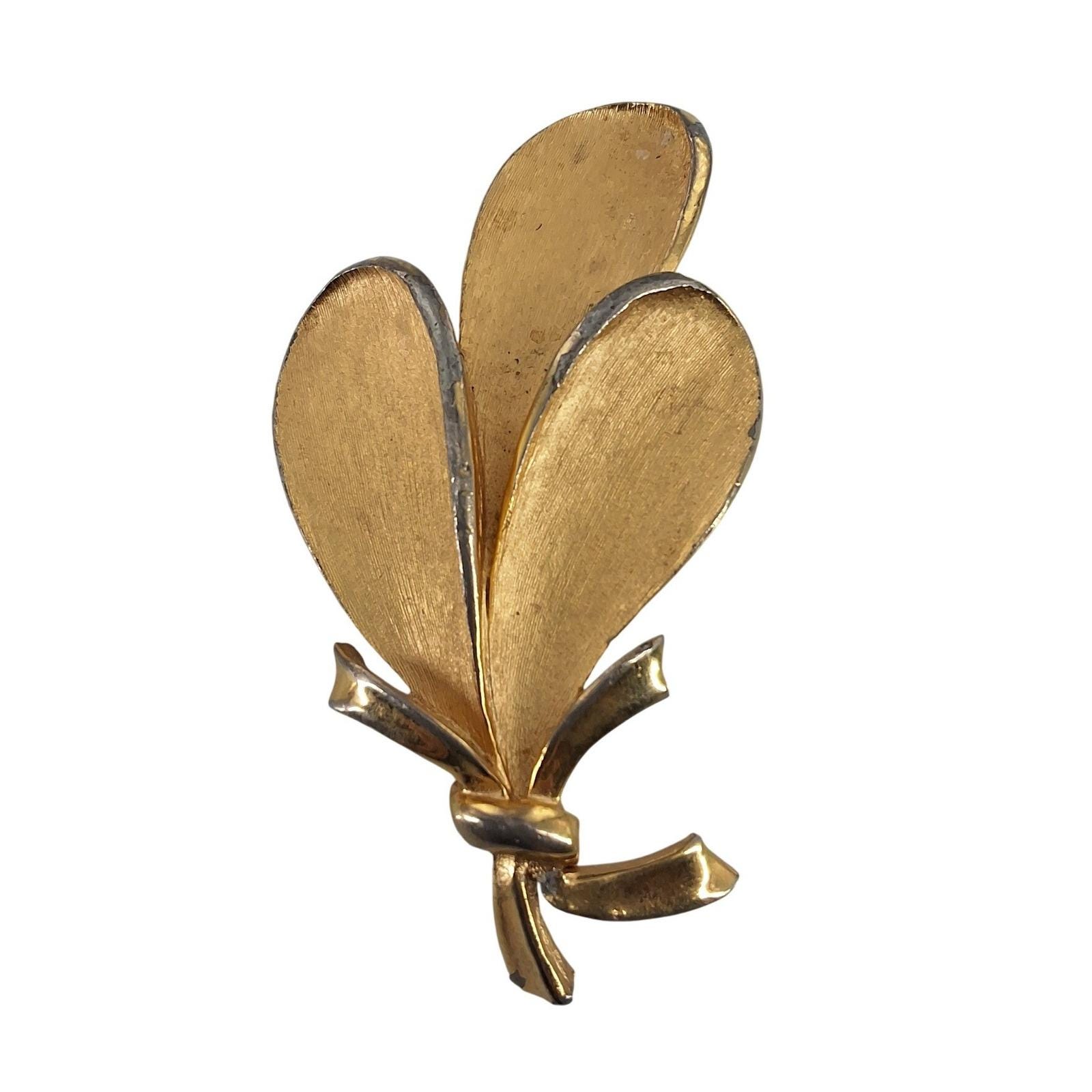 Vintage Crown Trifari Brushed Gold Leaf Spray Brooch Ribbon Bow Pin 1960s