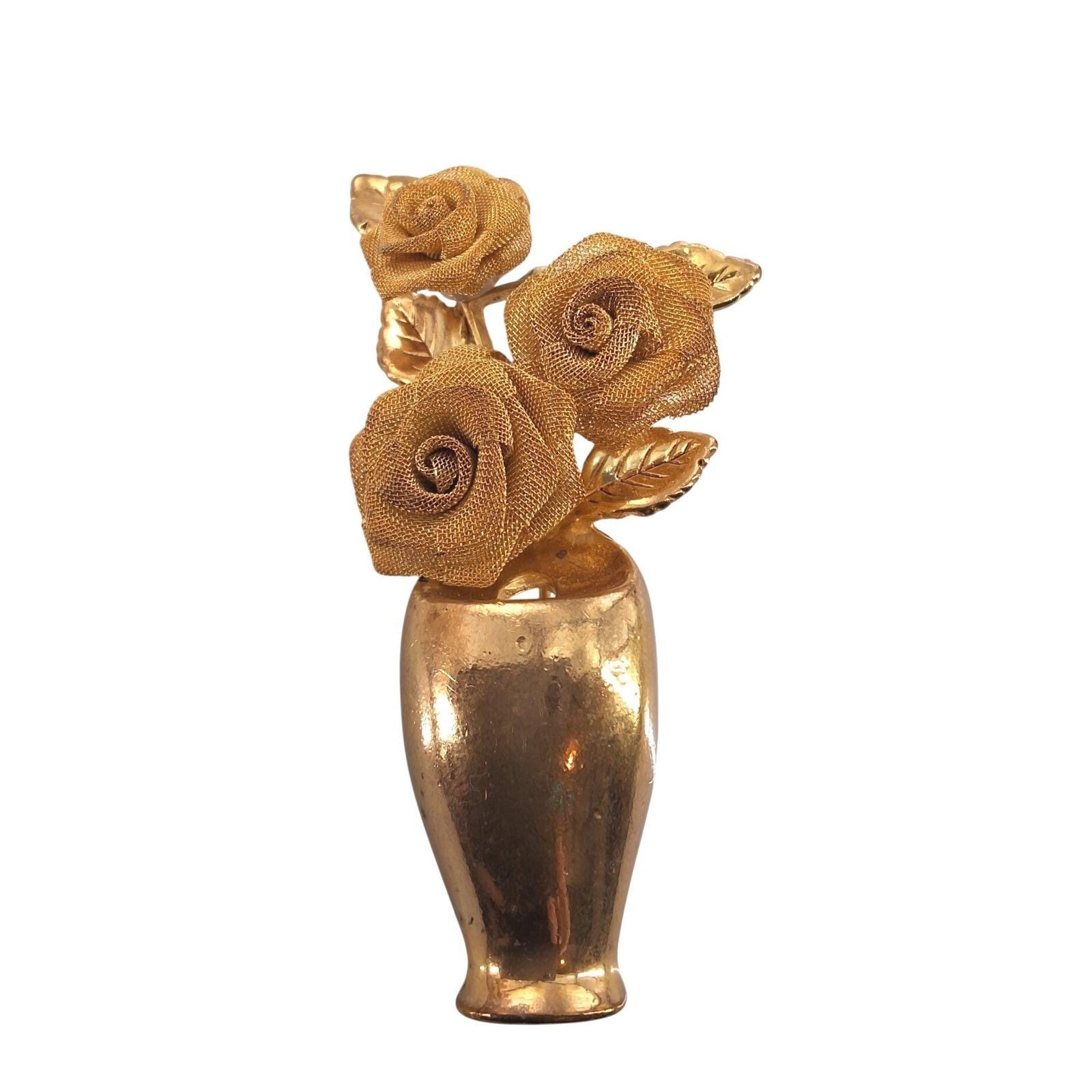Vtg Mid Century Gold Tone Mesh Rose Bouquet Vase Brooch Pin Floral MCM Statement