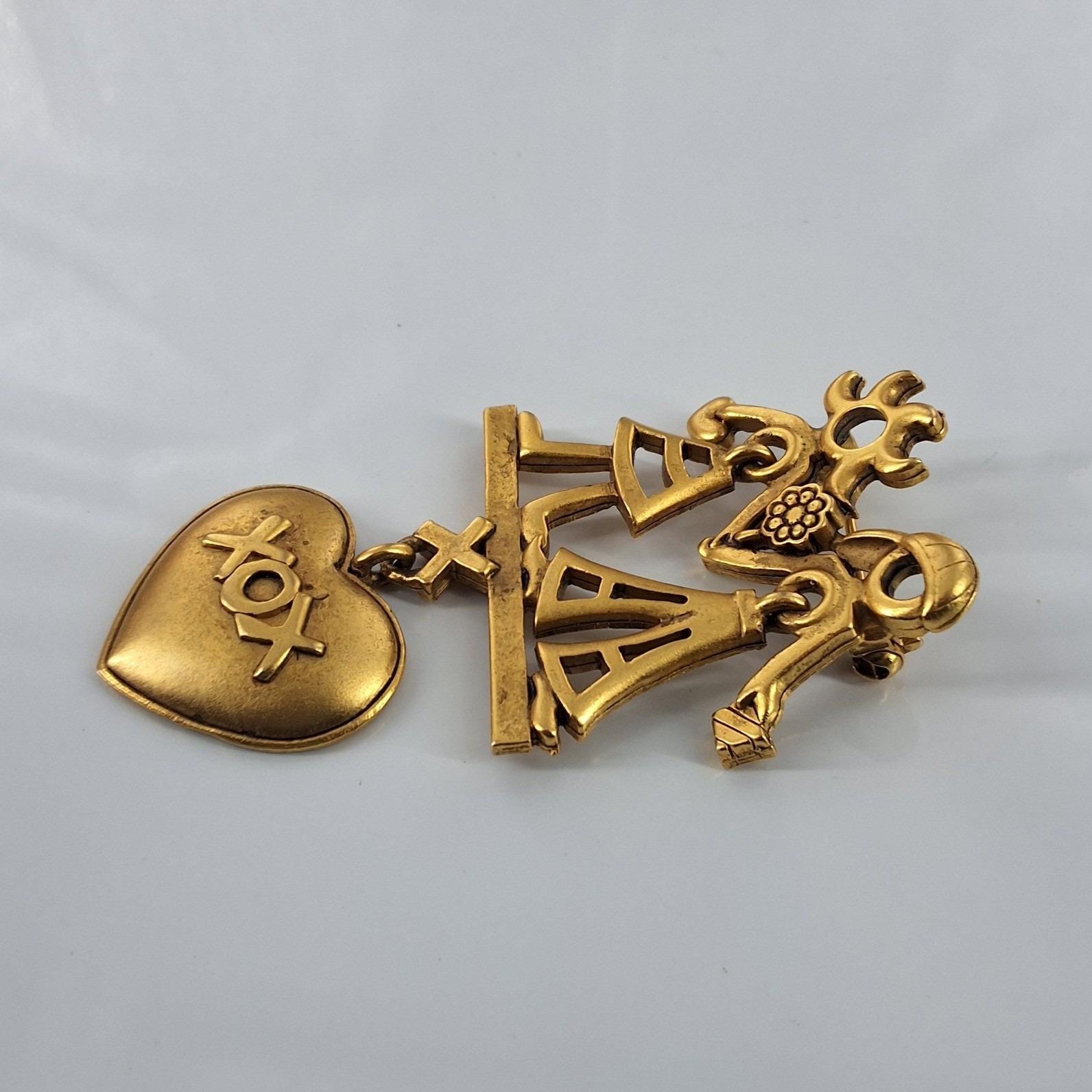 Danecraft Vintage Best Friends XOX Dangling Heart Brooch Pin Gold Tone - View 4