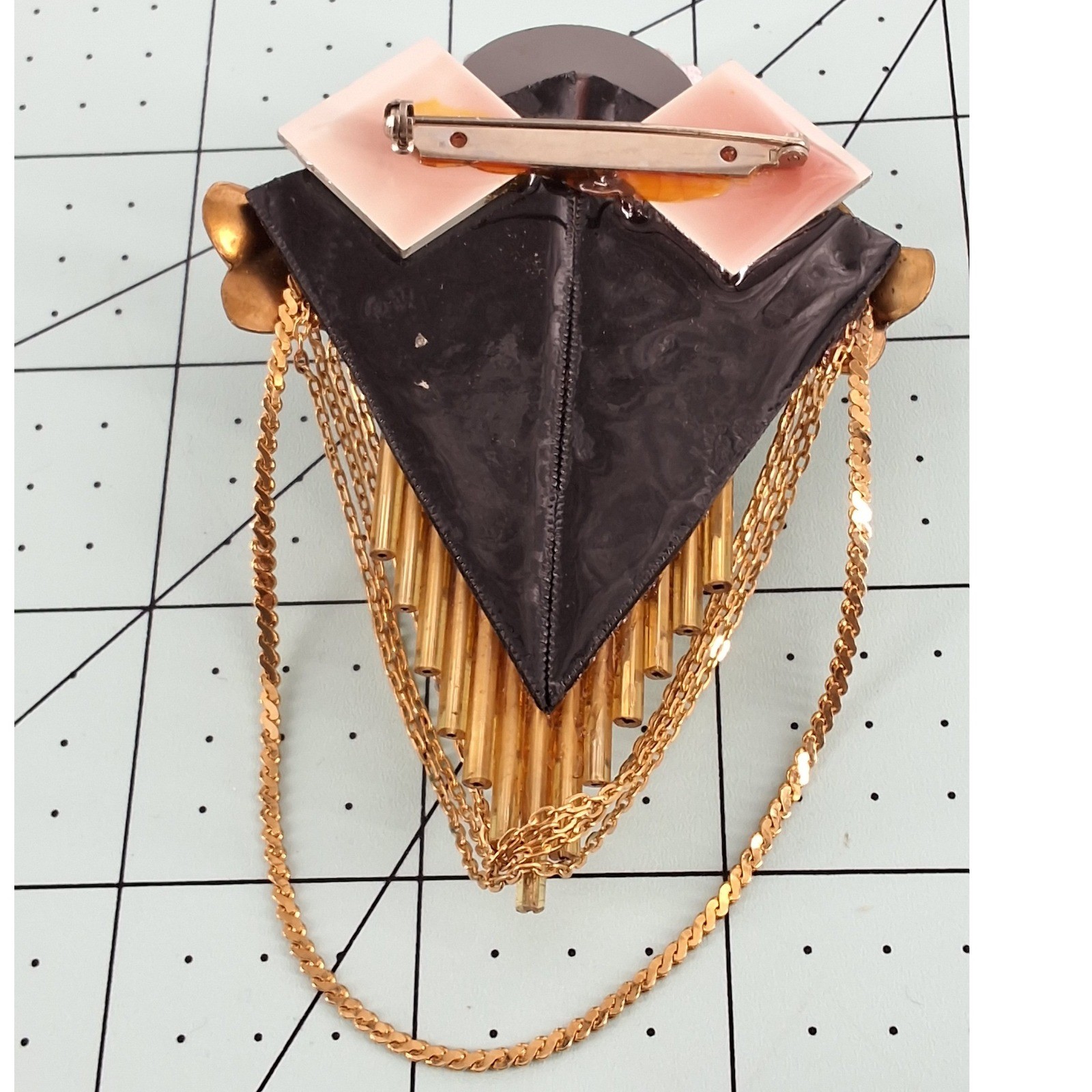 Art Deco Revival Assemblage Brooch - Quartz Crystal Shell & Draped Chain Gold - View 9