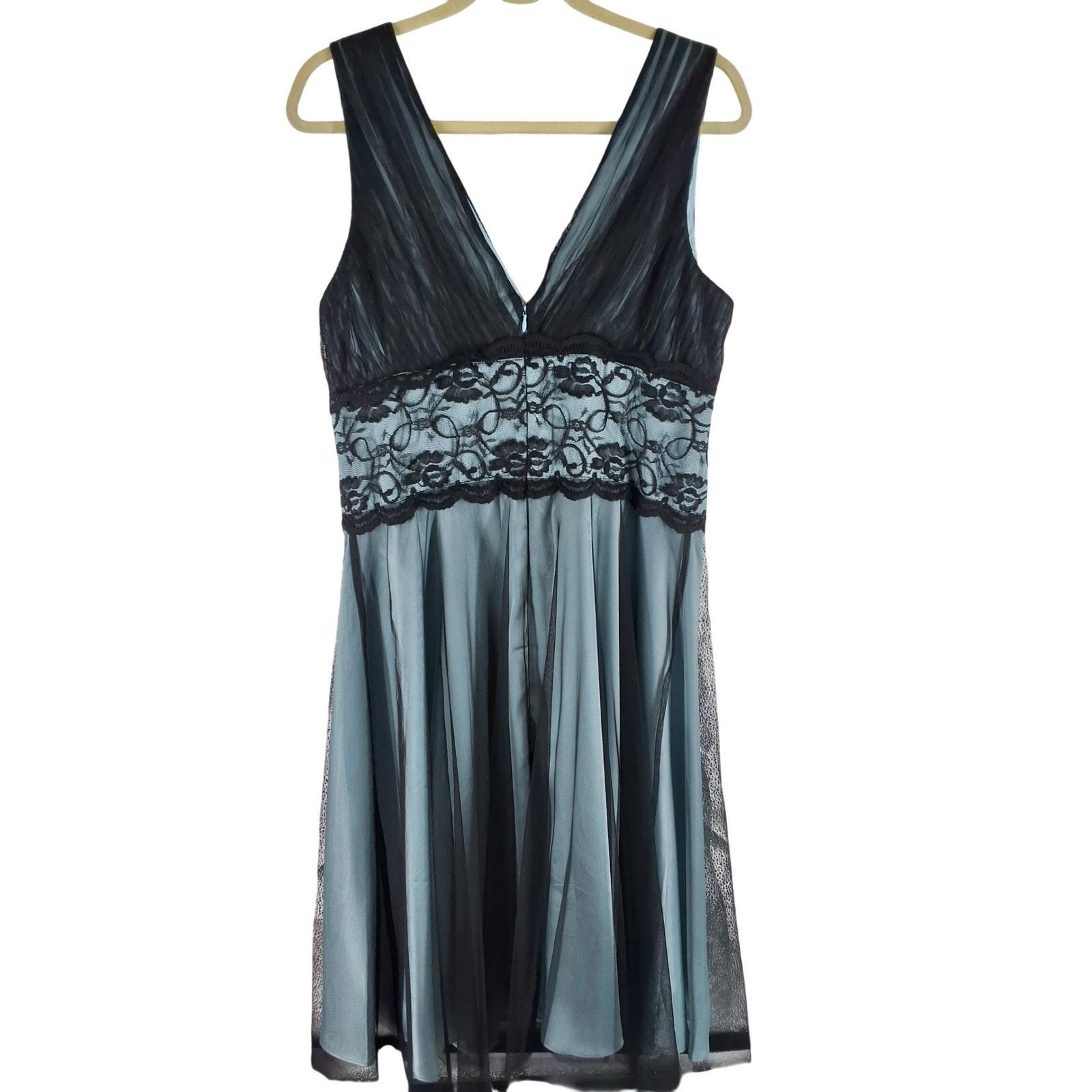 Coldwater Creek Black Blue Mesh Lace Overlay Cocktail Dress Size 14 V-Neck Midi