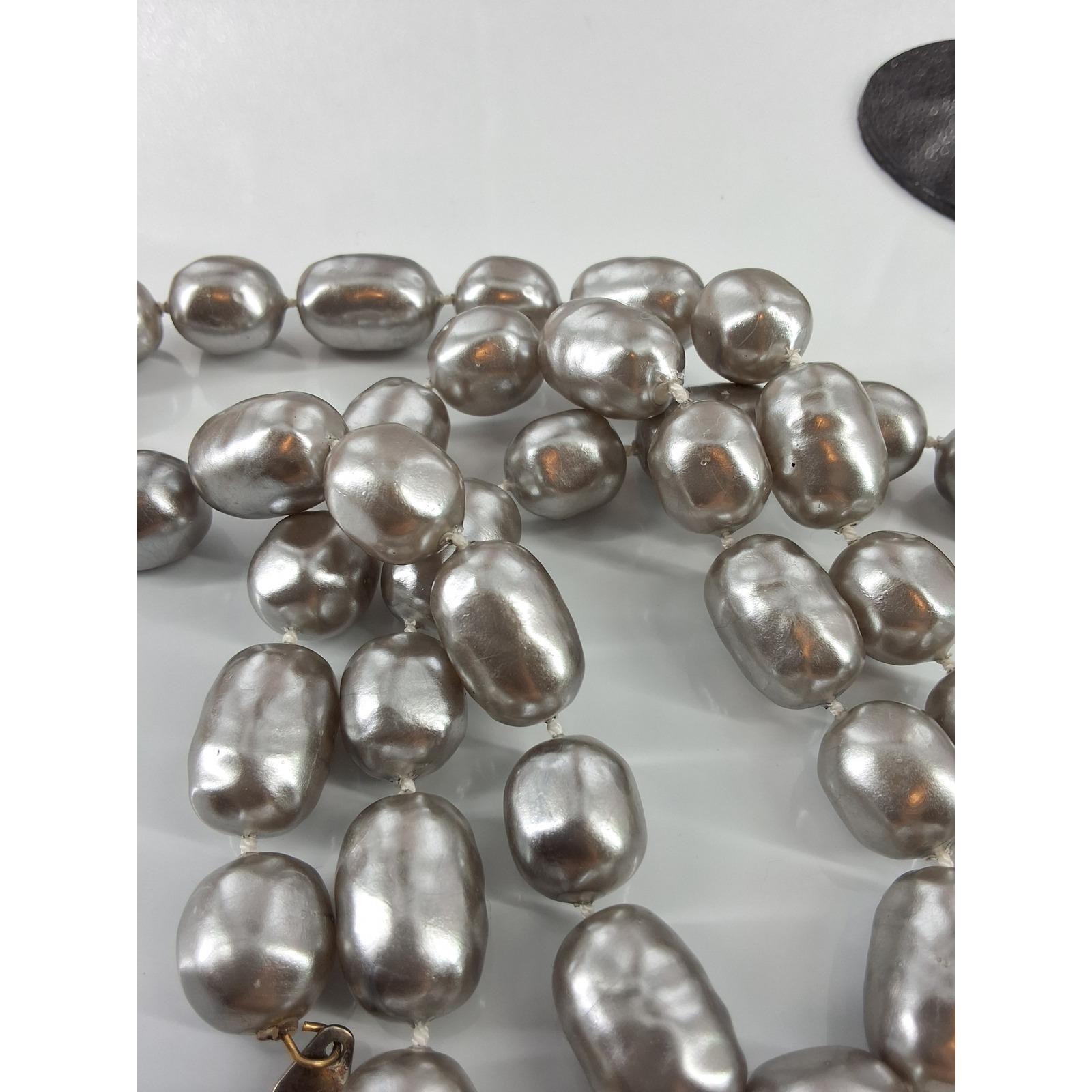 Vintage Silver Metallic Baroque Faux Pearl Statement Necklace 30" Knotted