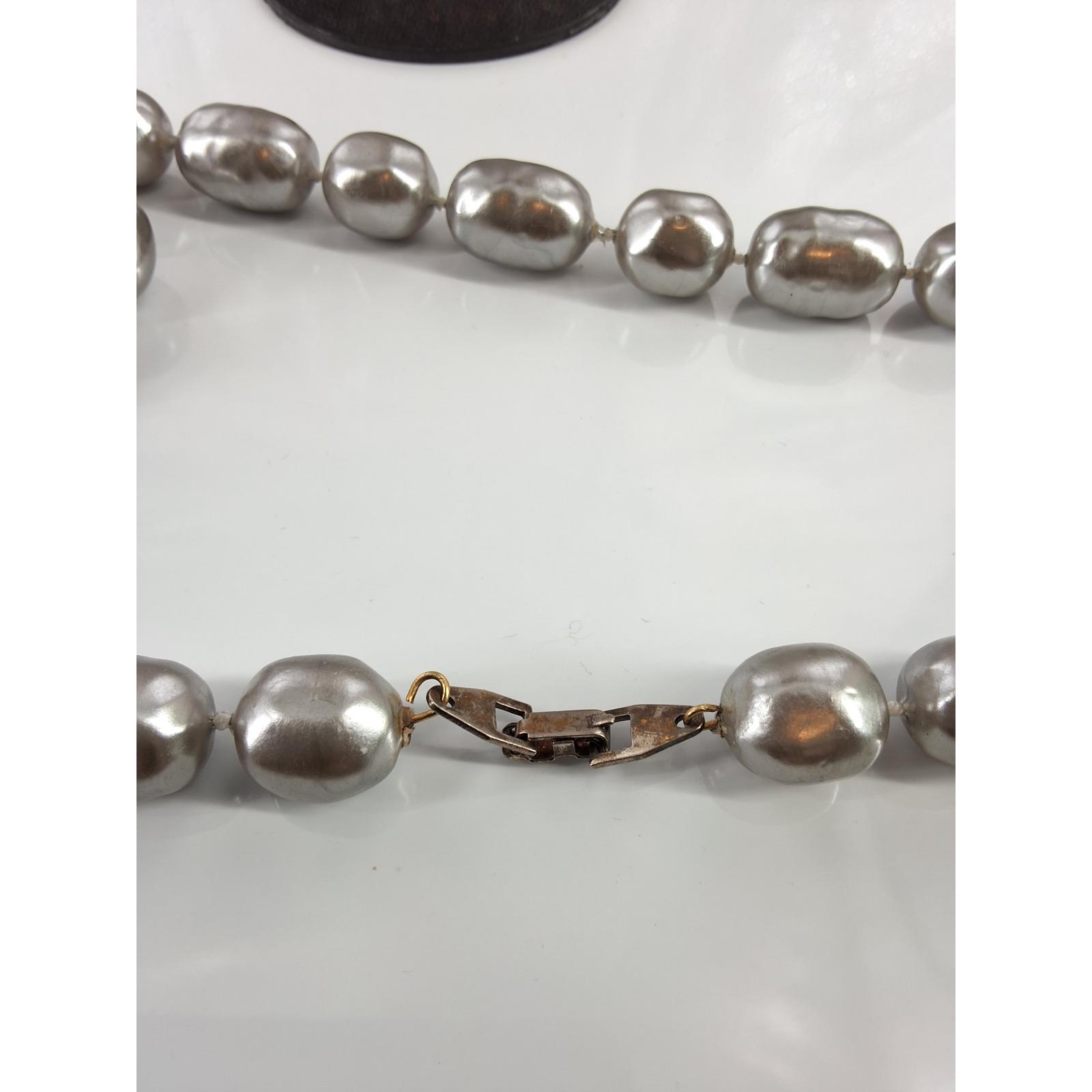 Vintage Silver Metallic Baroque Faux Pearl Statement Necklace 30" Knotted - View 3