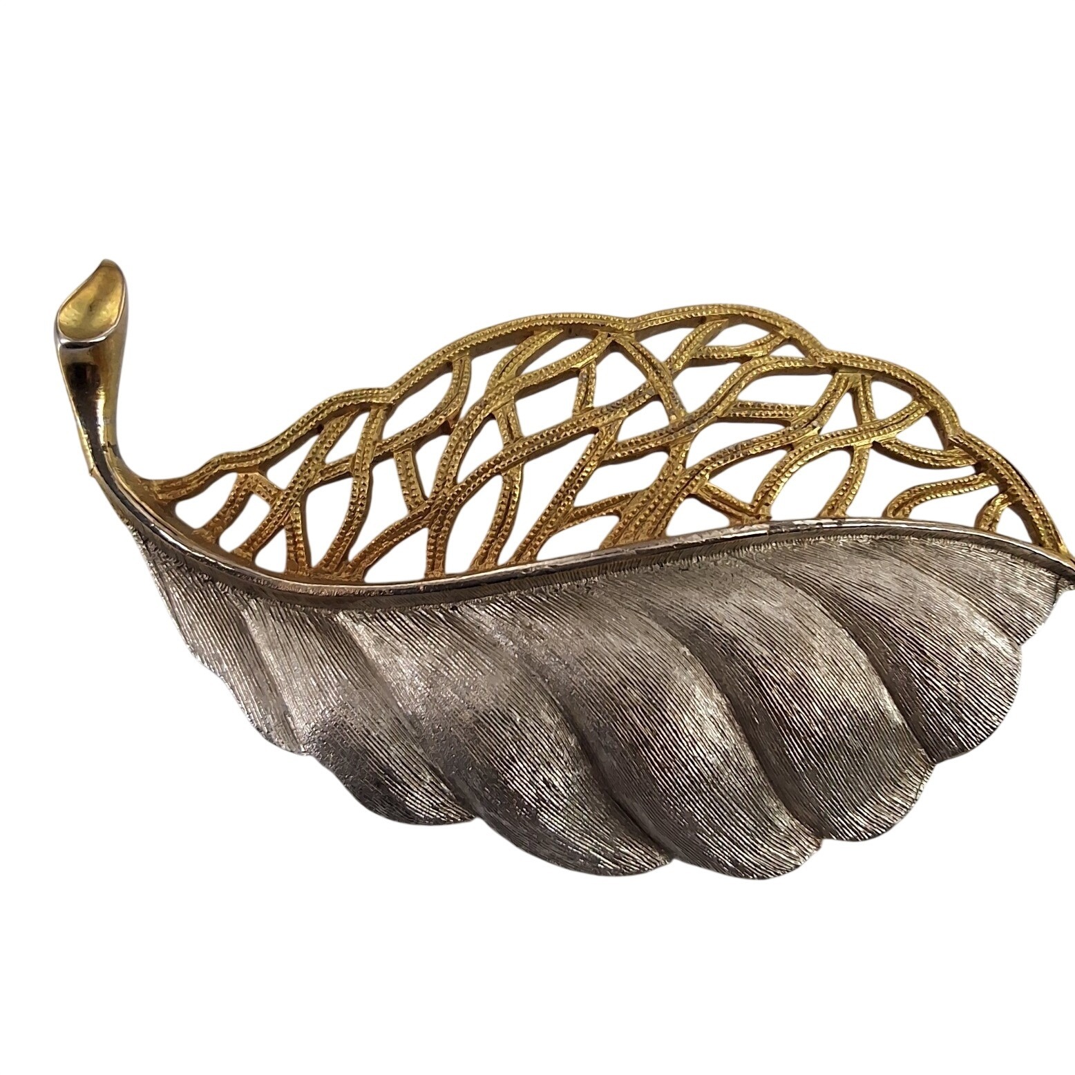 Vintage JJ Jonette Two-Tone Gold Silver Lattice Openwork Leaf Brooch Pin 1980s - View 7