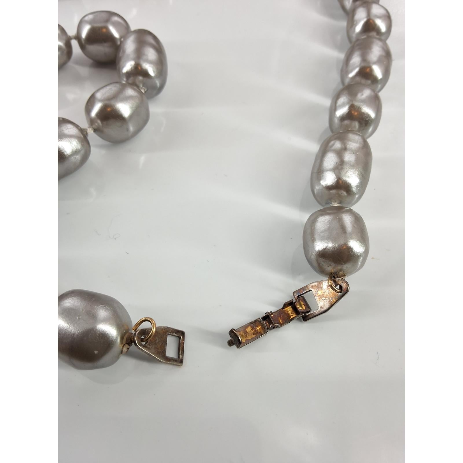 Vintage Silver Metallic Baroque Faux Pearl Statement Necklace 30" Knotted - View 5
