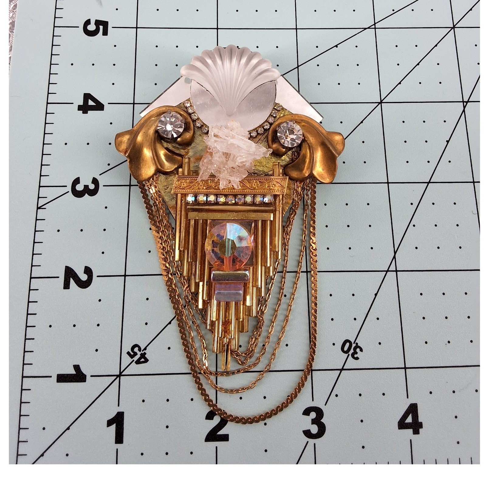 Art Deco Revival Assemblage Brooch - Quartz Crystal Shell & Draped Chain Gold - View 3