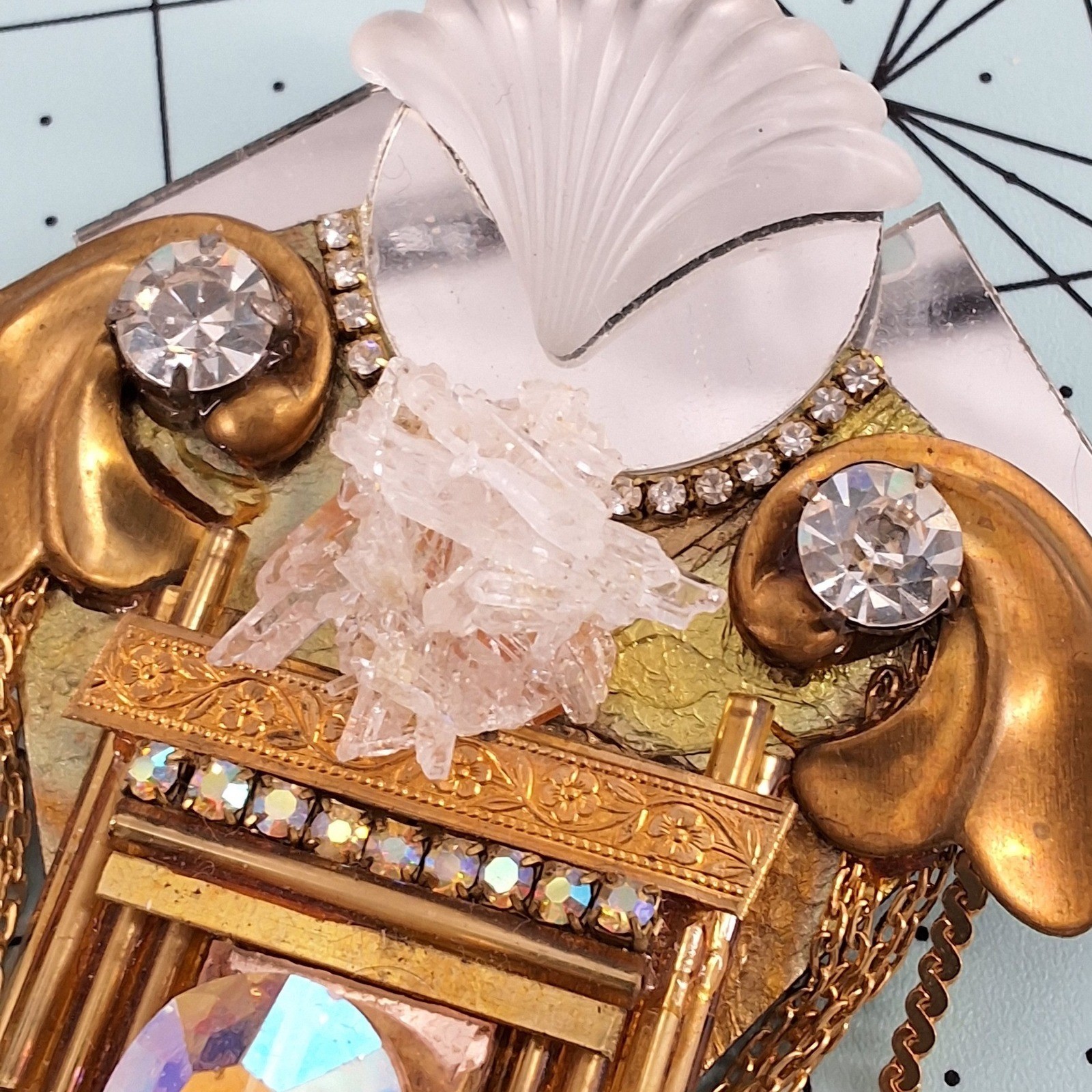 Art Deco Revival Assemblage Brooch - Quartz Crystal Shell & Draped Chain Gold - View 5