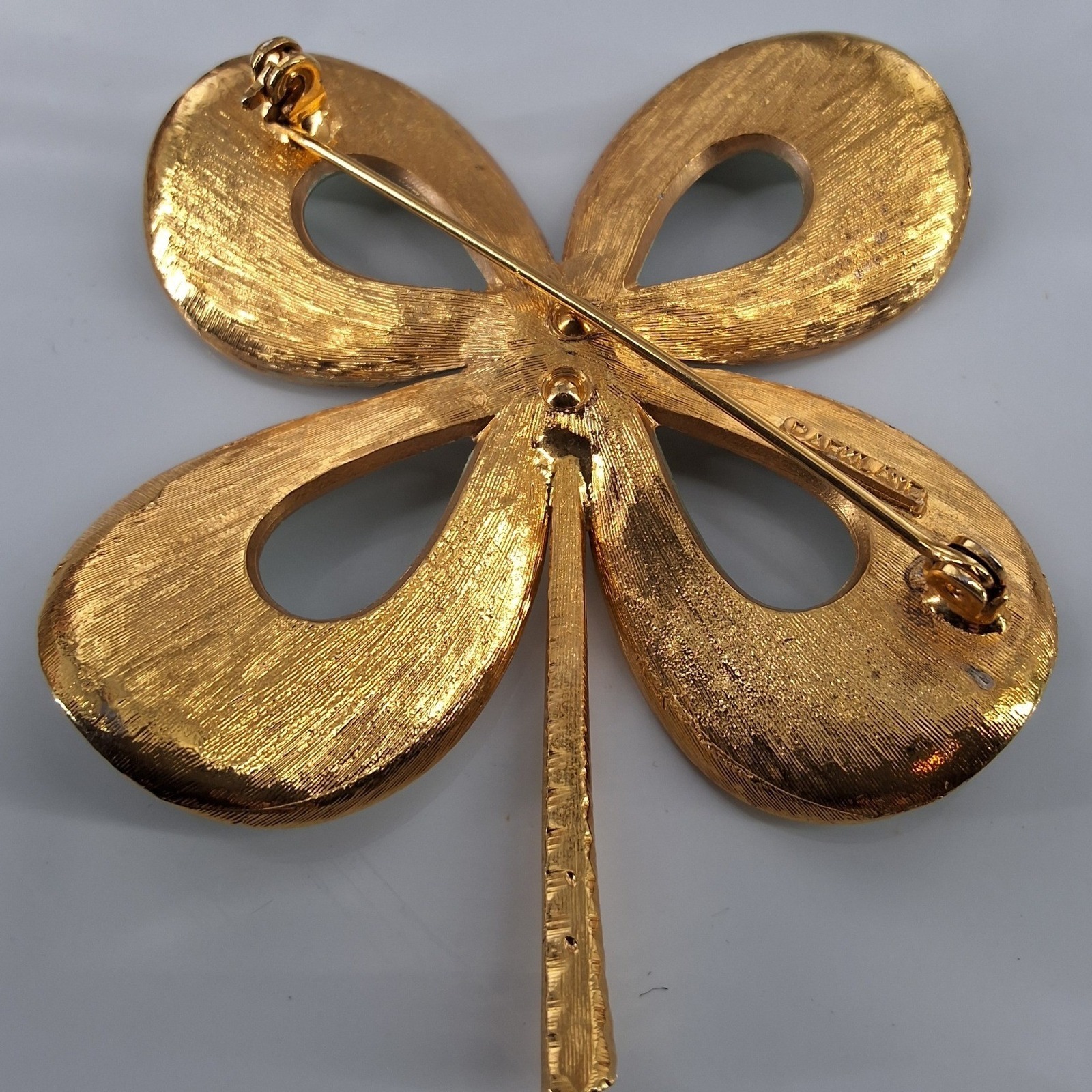 Park Lane Vintage 1970s Four Leaf Clover Brooch Gold Enamel Shamrock Pin 2.5" - View 6