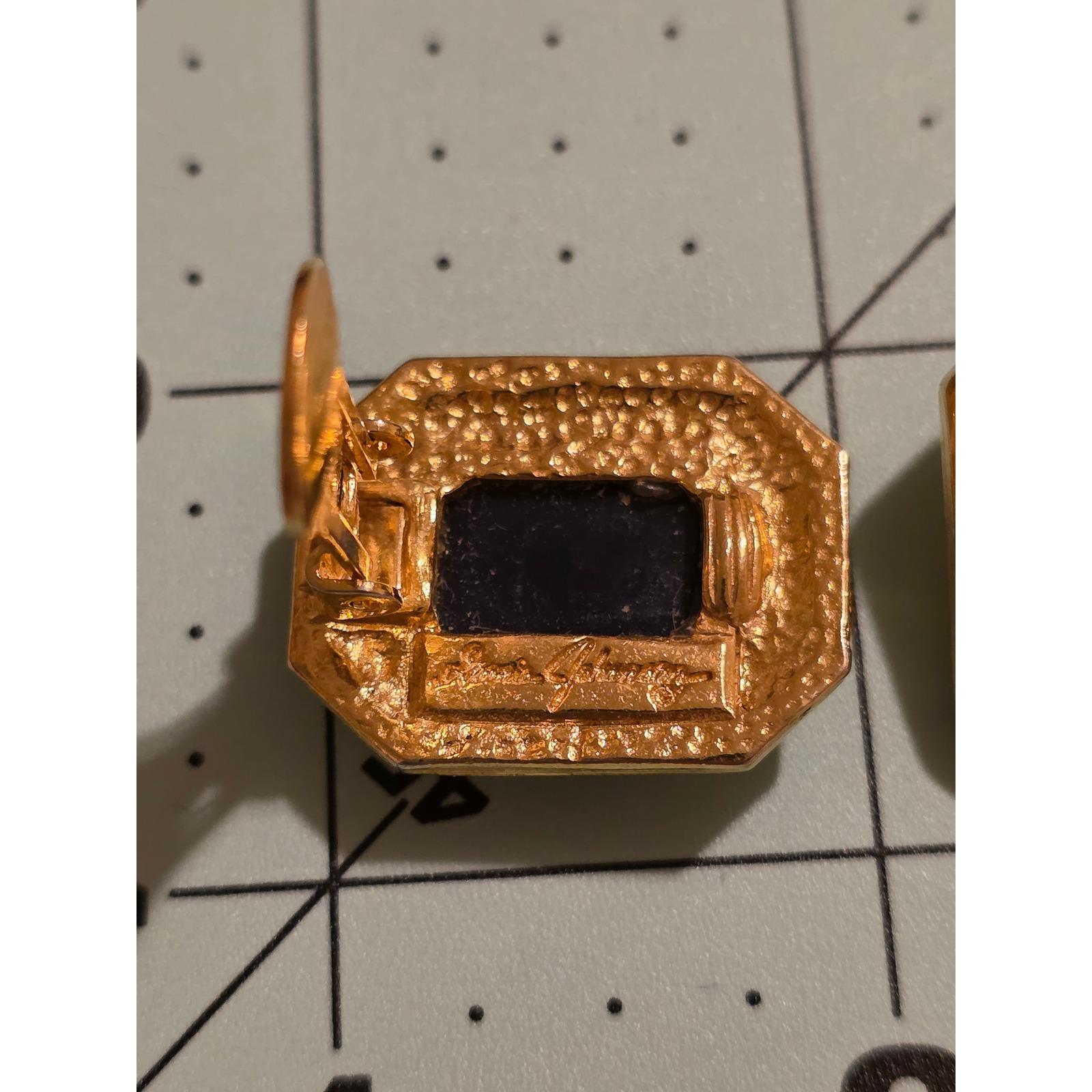 Garcia Johnson Vintage 80s Gold Tone Black Resin Octagon Clip On Earrings - View 3