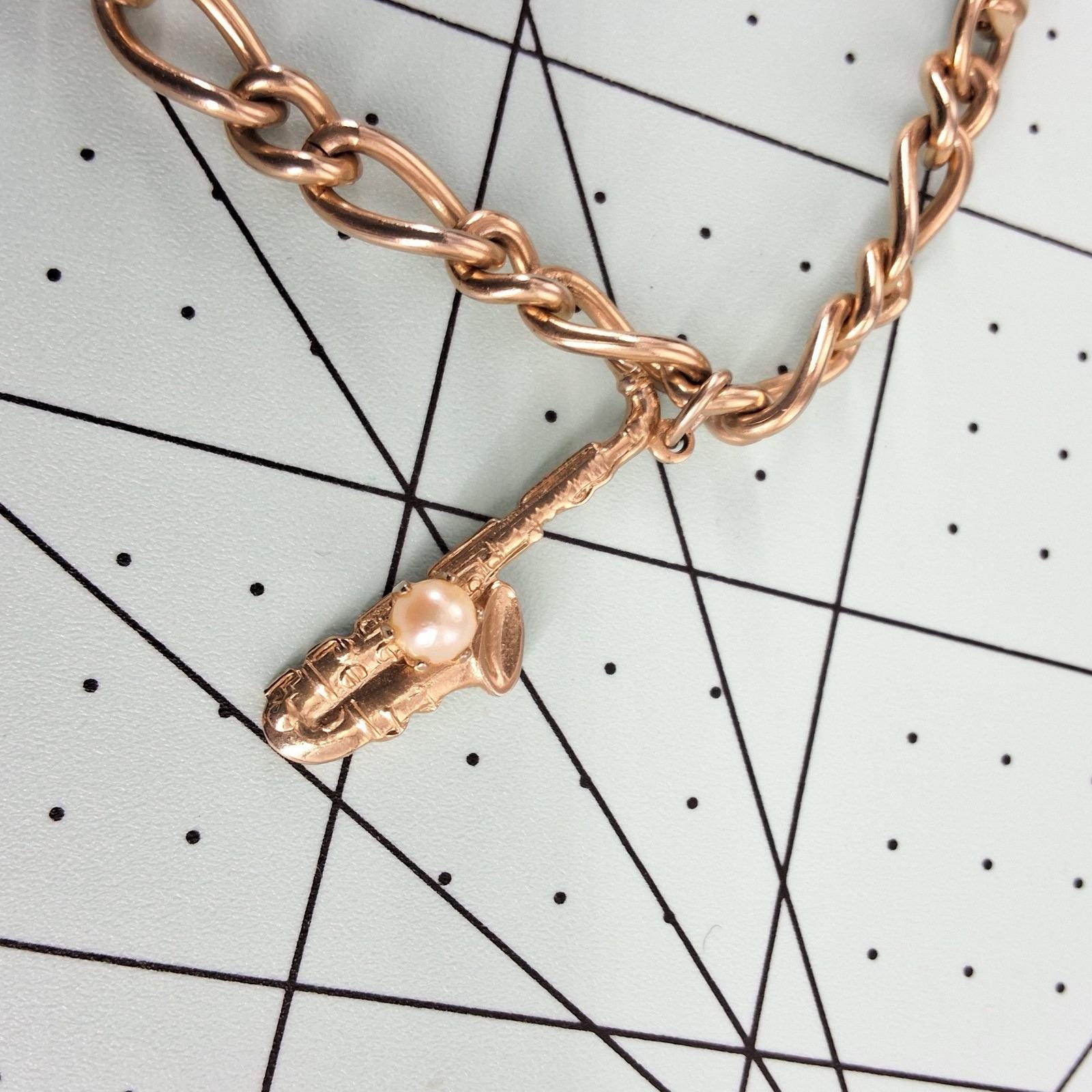 Vintage STAR Musical Instrument Charm Bracelet Gold Tone Faux Pearl - View 5