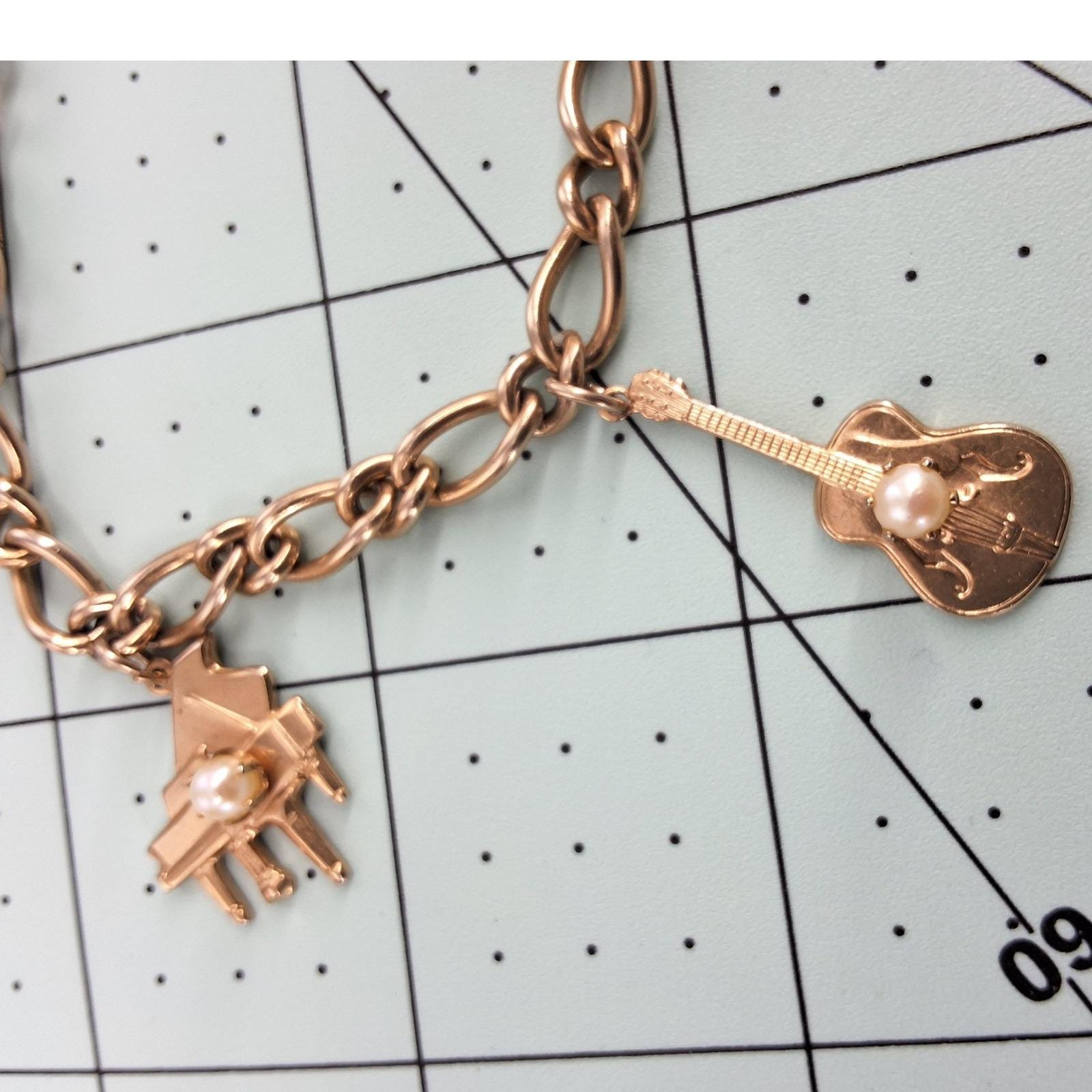 Vintage STAR Musical Instrument Charm Bracelet Gold Tone Faux Pearl - View 6