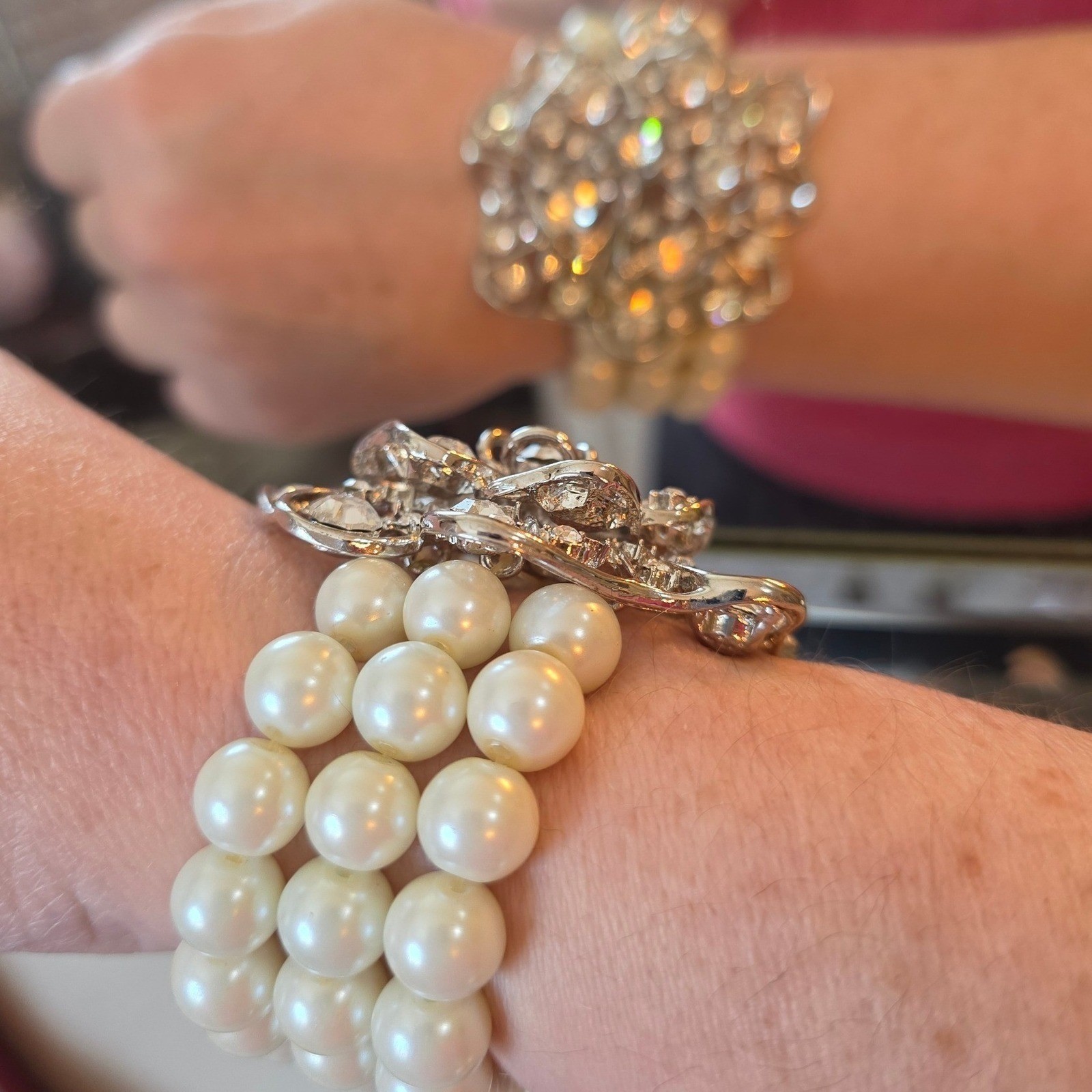 Glam Faux Pearl & Rhinestone 3 Strand Stretch Bracelet - Statement Jewelry - View 4