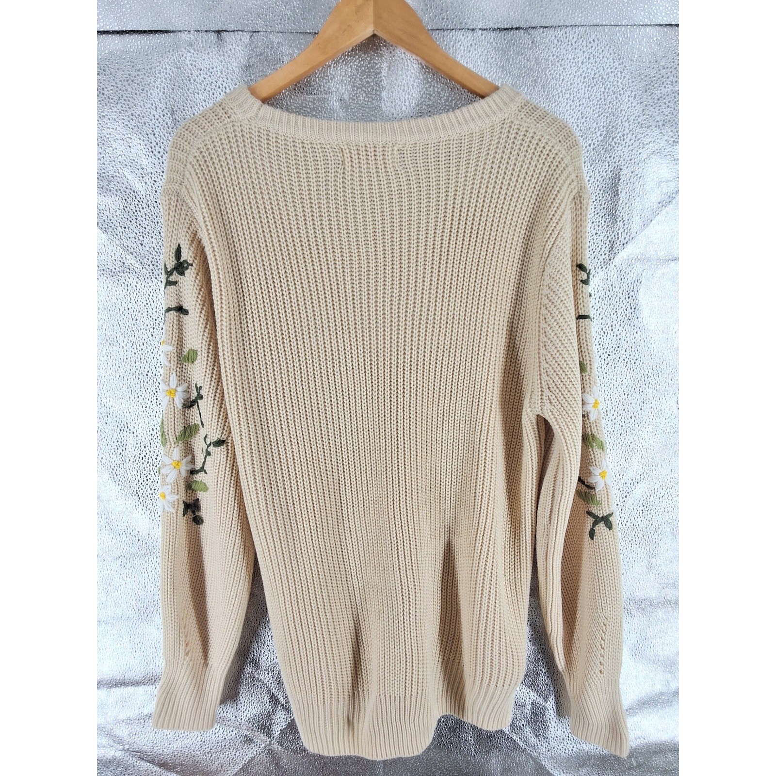Simply Couture Cream Floral Embroidered Sleeve Chunky Knit Sweater Large Boho - View 5