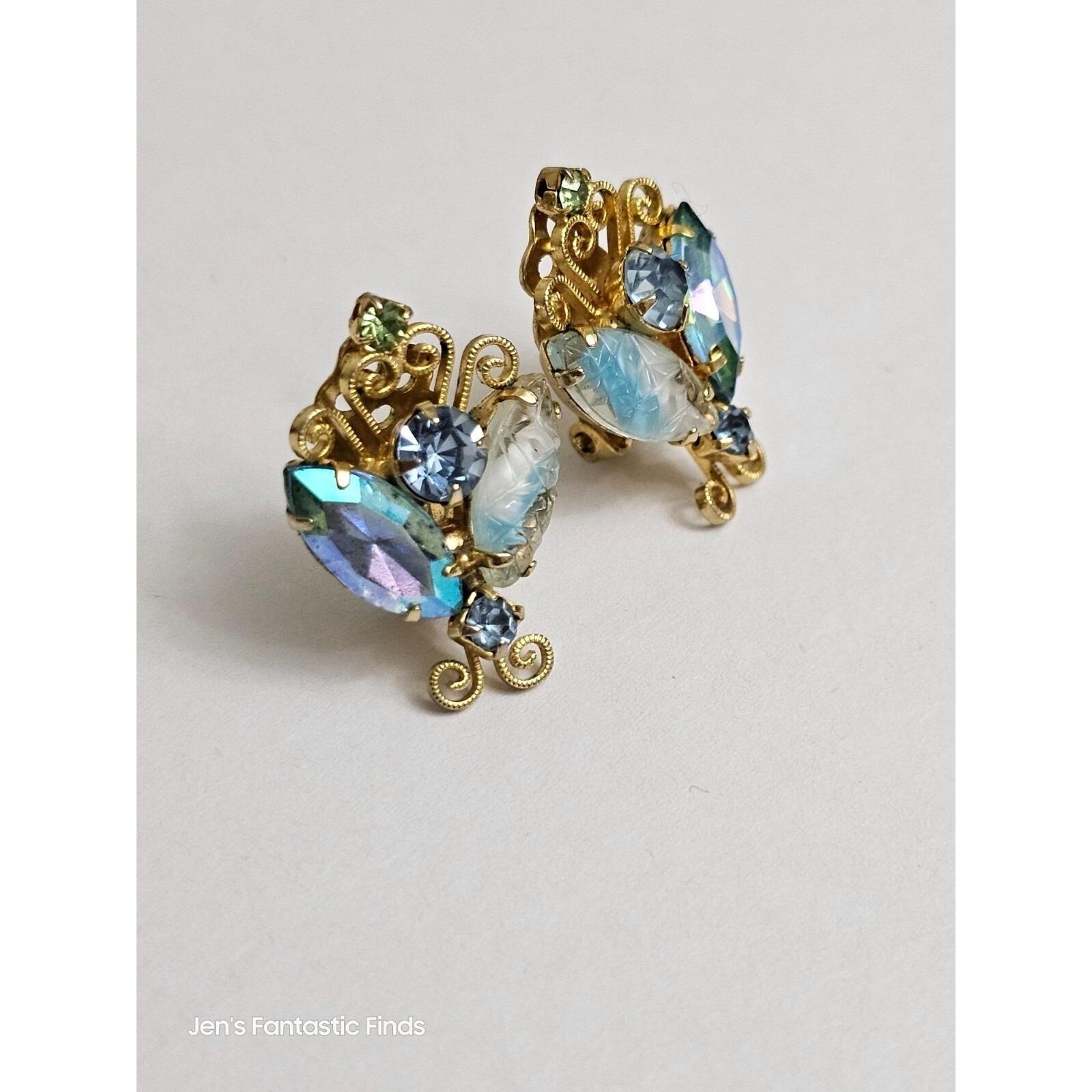 Vtg Juliana DeLizza Elster Blue Aurora Borealis Rhinestone Clip-On Earrings - View 3