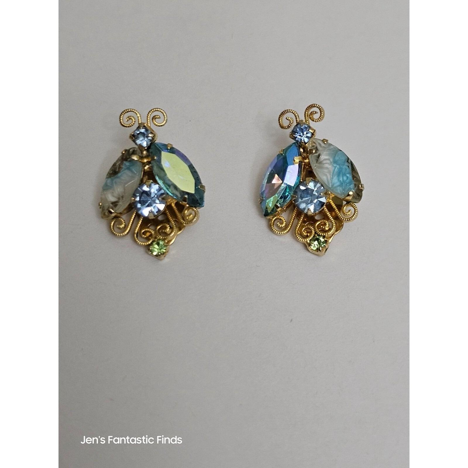Vtg Juliana DeLizza Elster Blue Aurora Borealis Rhinestone Clip-On Earrings - View 5