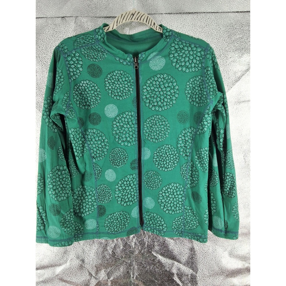 Rising International Green Boho Floral Embroidered Zip Up Cotton Jacket Womens M