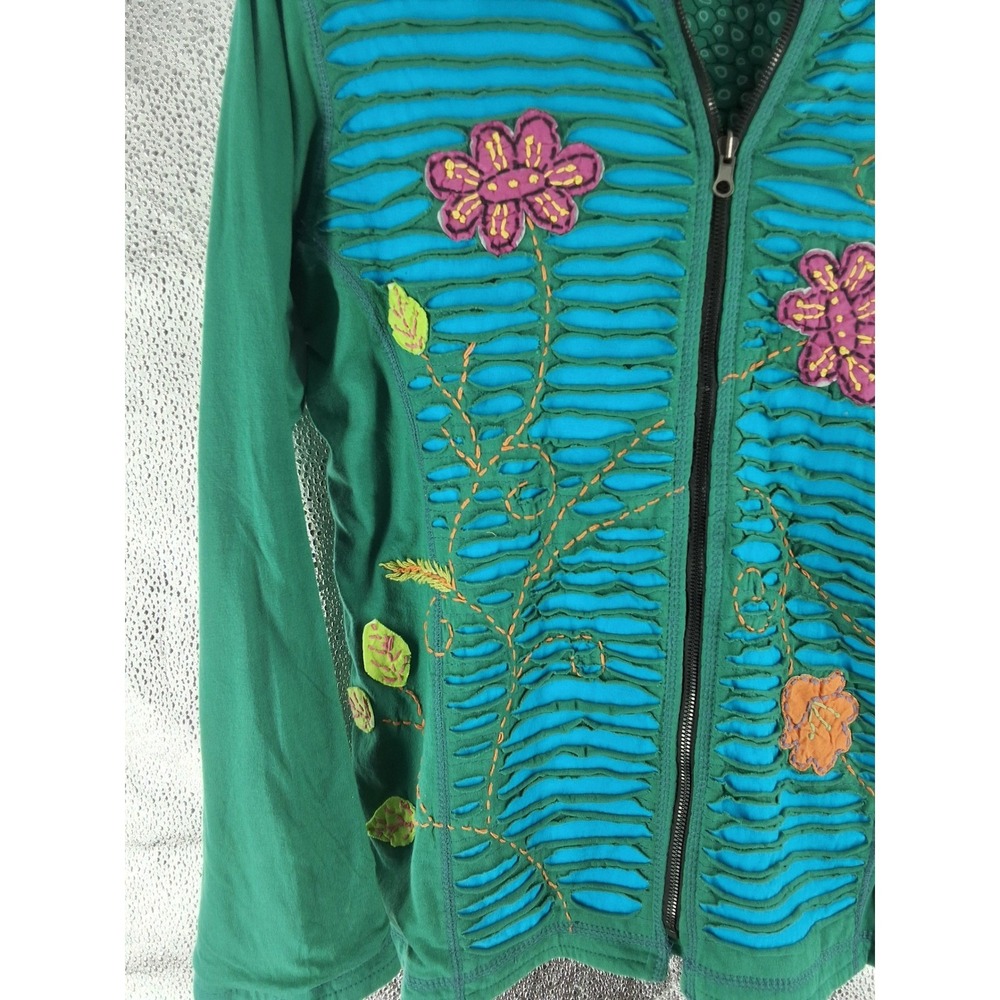 Rising International Green Boho Floral Embroidered Zip Up Cotton Jacket Womens M - View 3