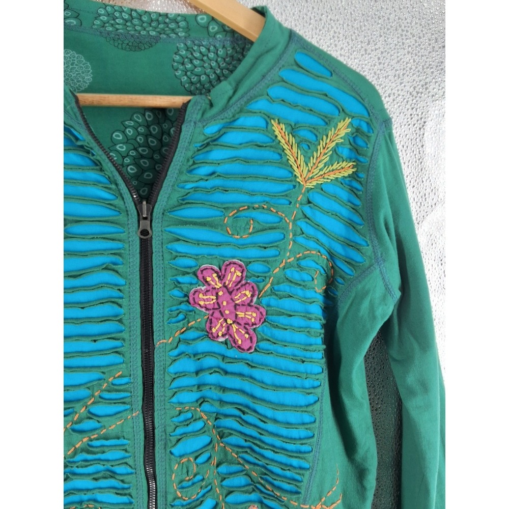 Rising International Green Boho Floral Embroidered Zip Up Cotton Jacket Womens M - View 4