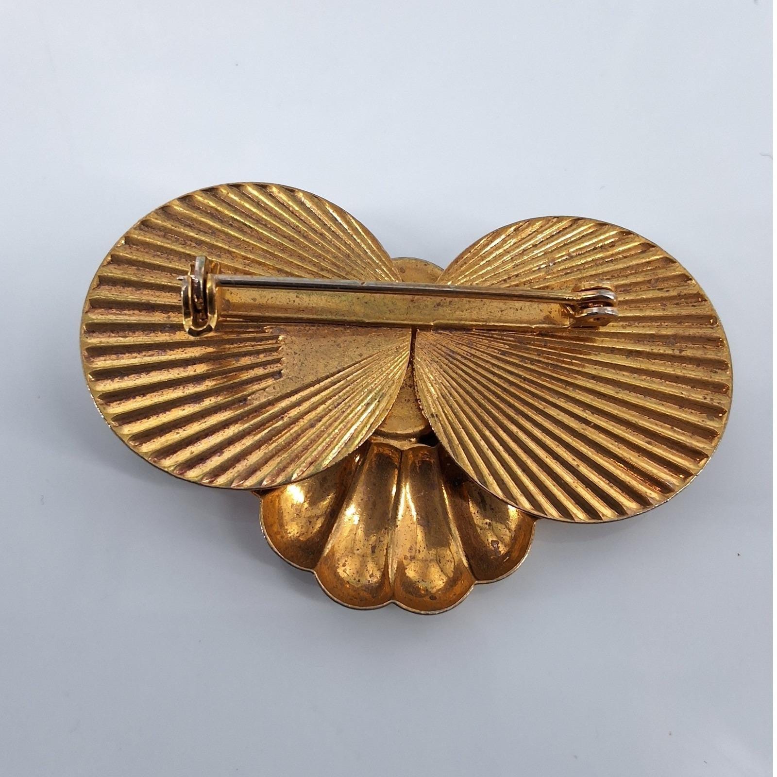 Vintage Art Deco Gold Tone Fan Brooch Black Cabochon Statement Pin