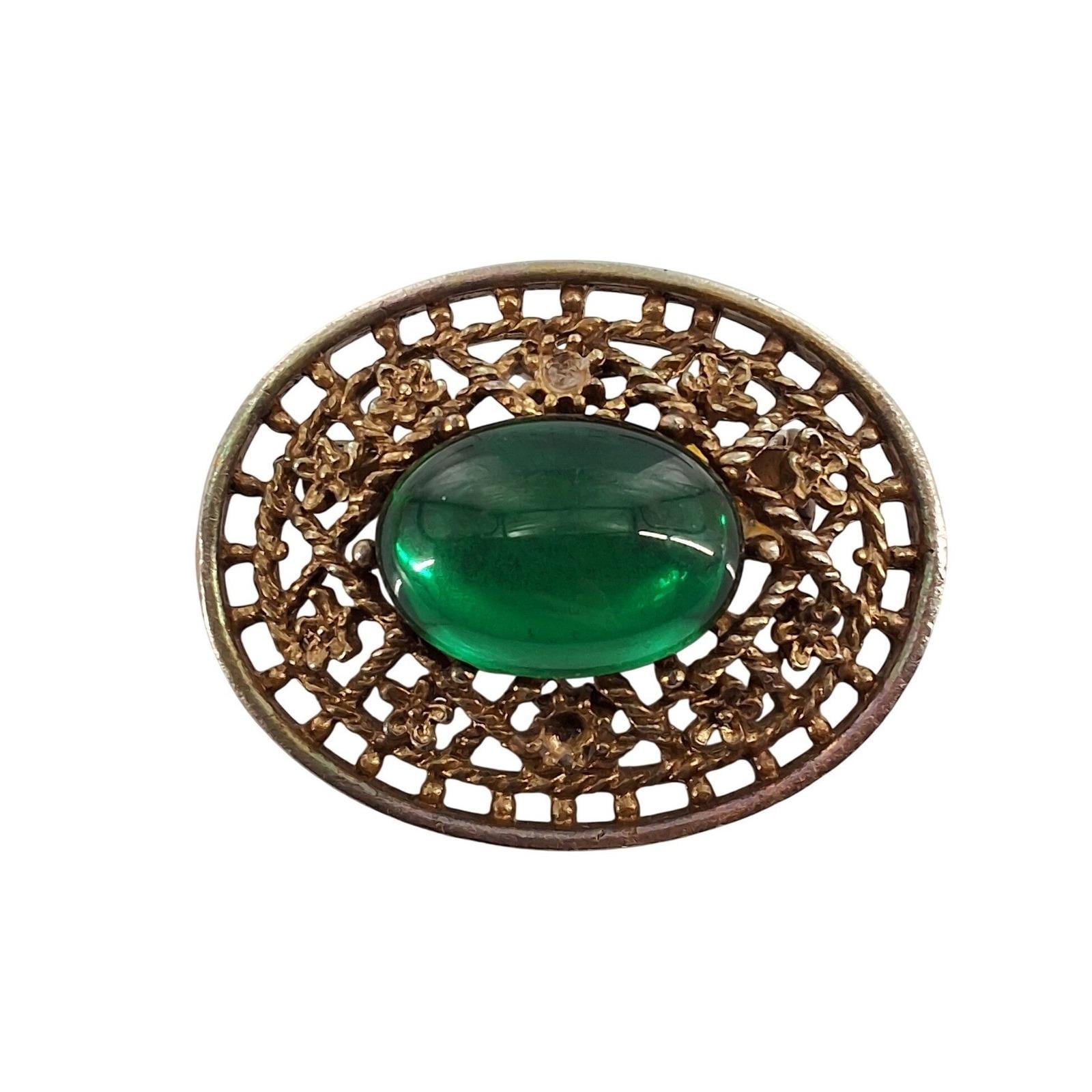 Vintage 1960s Gold Tone Green Cabochon Filigree Oval Brooch Pin 1.5"