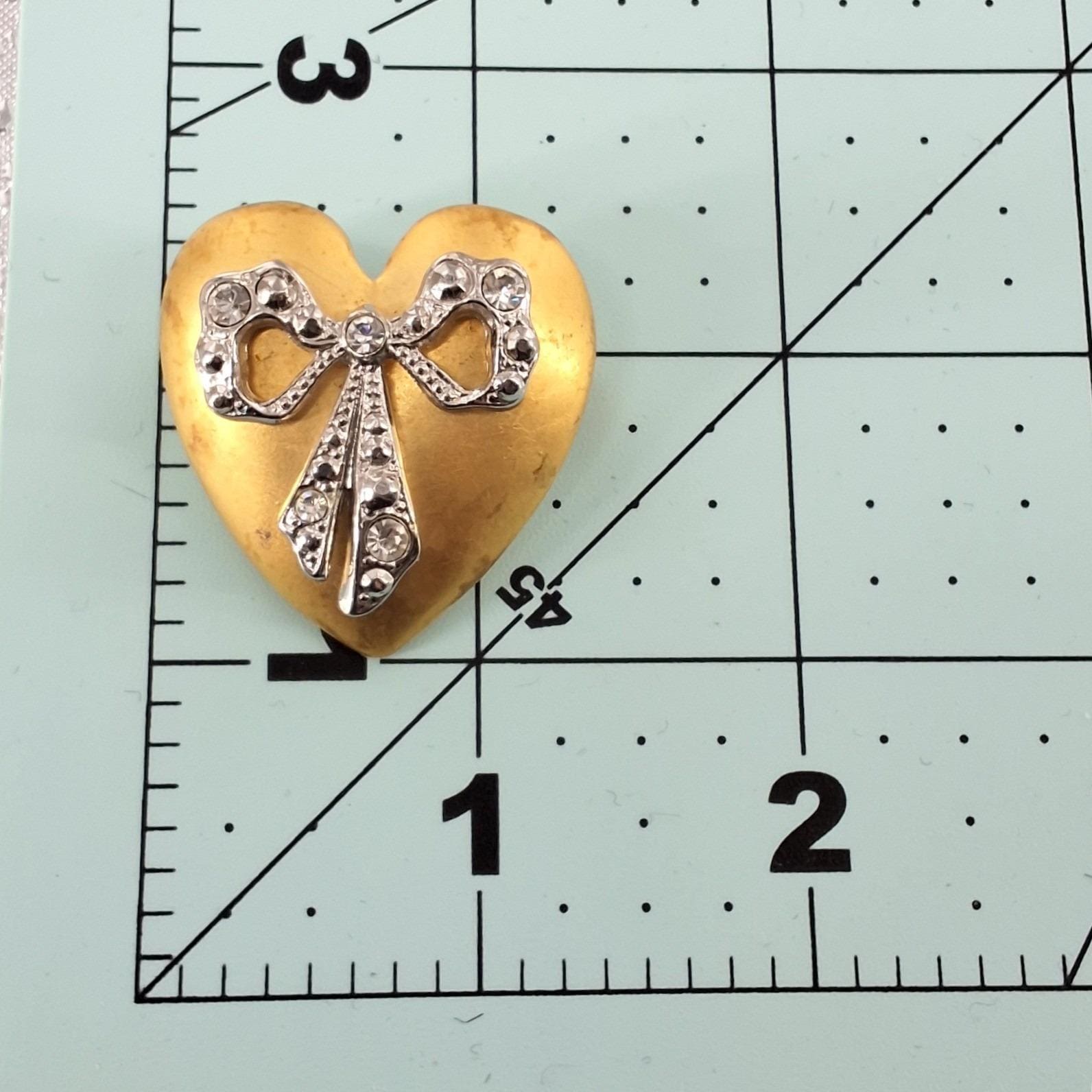 Vintage Gold Puffed Heart Rhinestone Bow Brooch Pin 1.25" - View 3