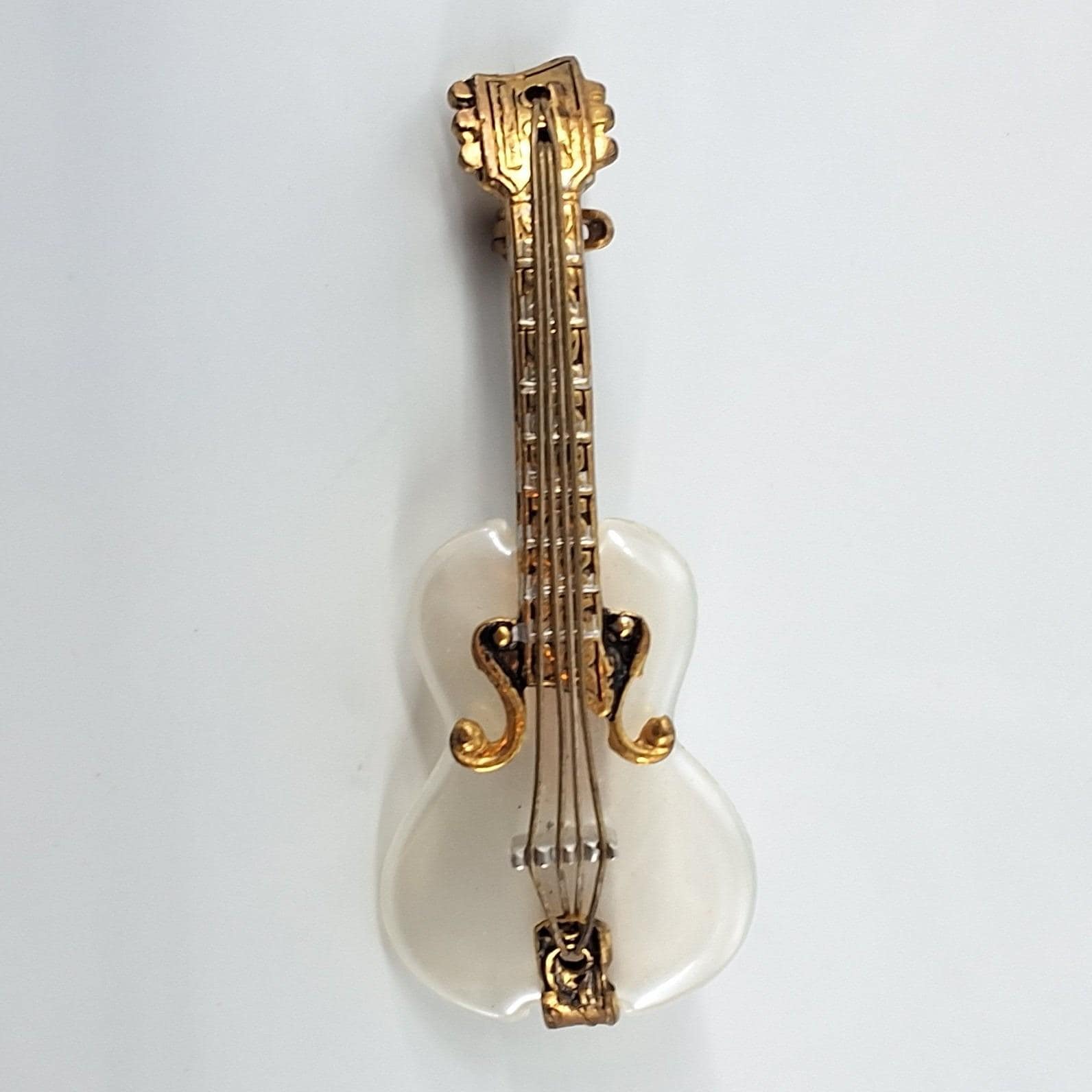 Vintage Damascene Mother of Pearl Guitar Brooch Gold Black Spain Pin 2" - View 7