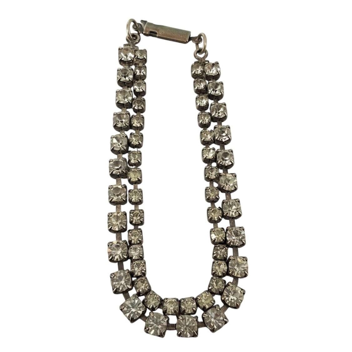 Vintage Double Row Rhinestone Tennis Bracelet Silver Tone 2 Strand 7.25"