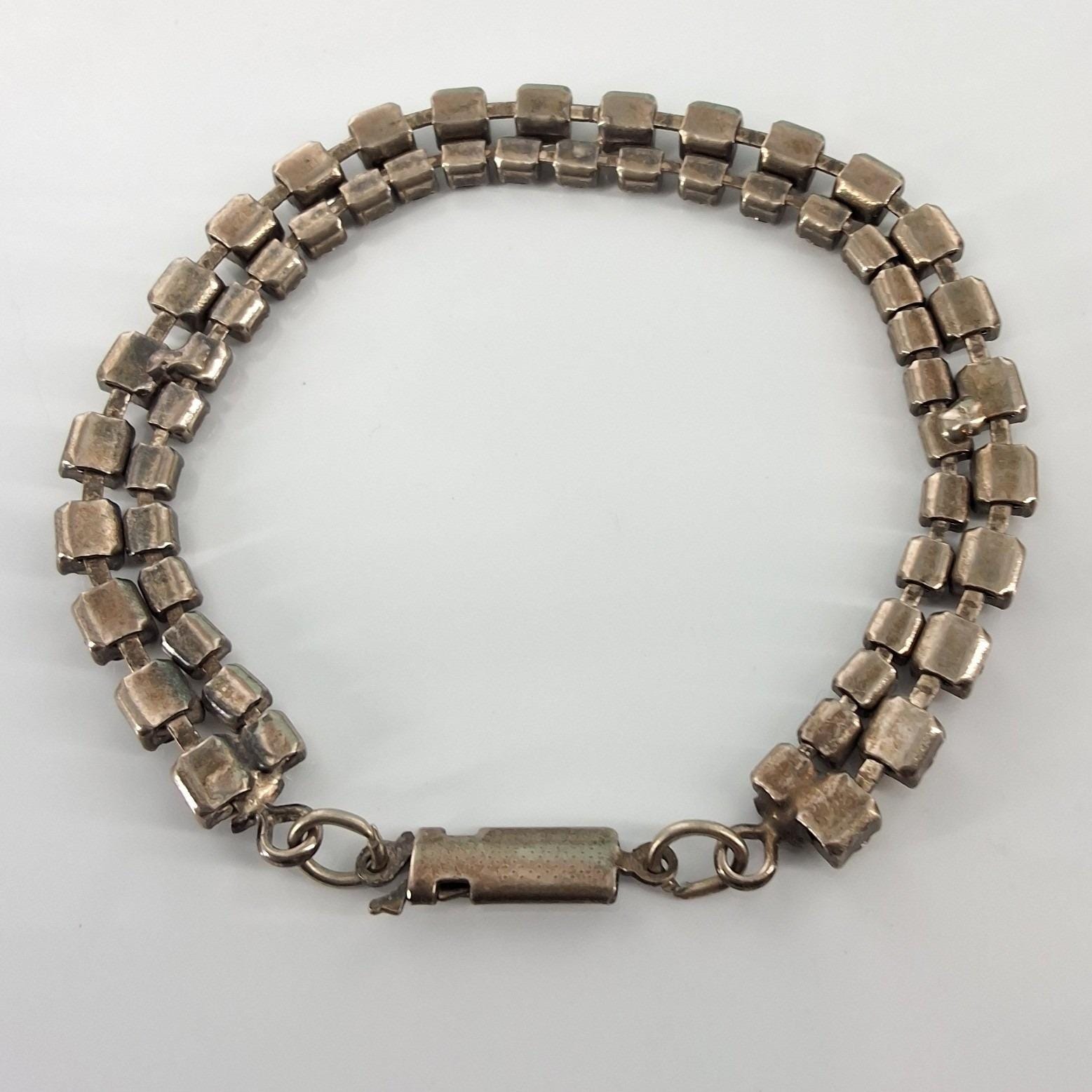Vintage Double Row Rhinestone Tennis Bracelet Silver Tone 2 Strand 7.25"