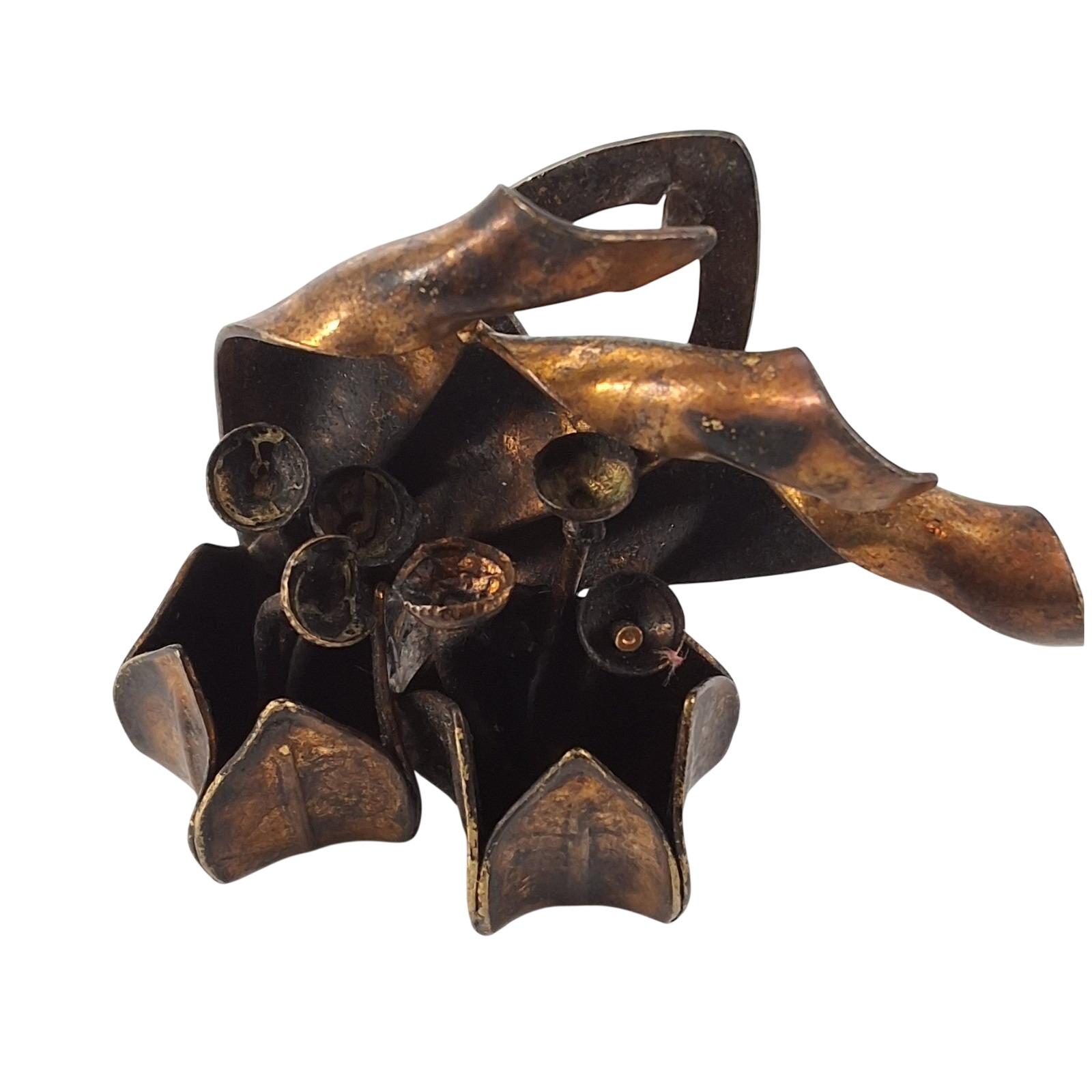 Vintage Bronze Tulip Fur Clip Mid Century Sculptural Floral Statement Brooch