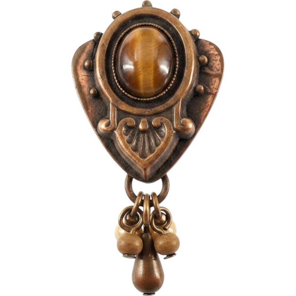 Vintage Brutalist Tiger's Eye Copper Dangle Clip On Earrings Shield Boho