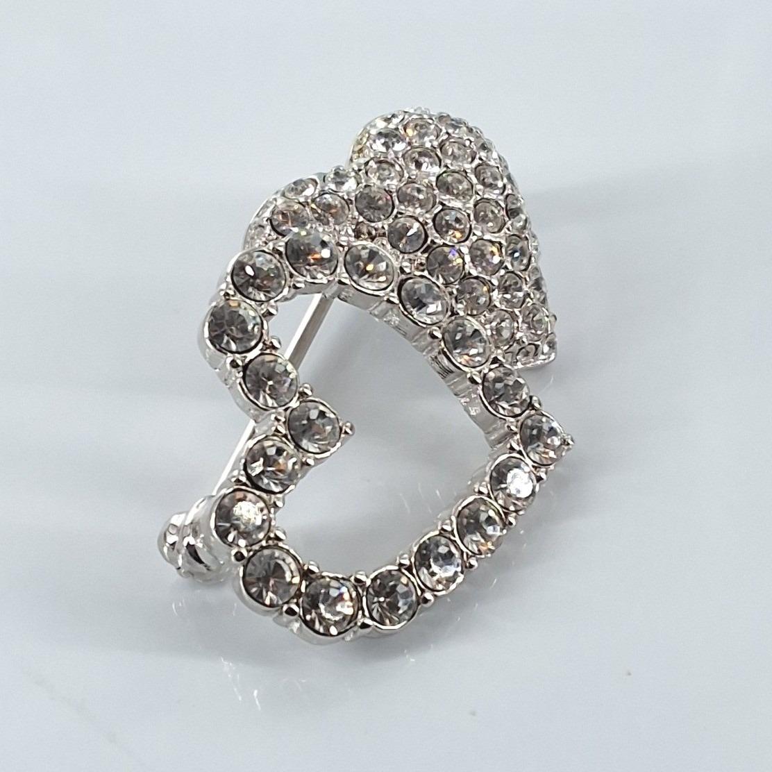 Swarovski Vintage Interlocking Double Heart Brooch Pin Pave Crystal Silver - View 7
