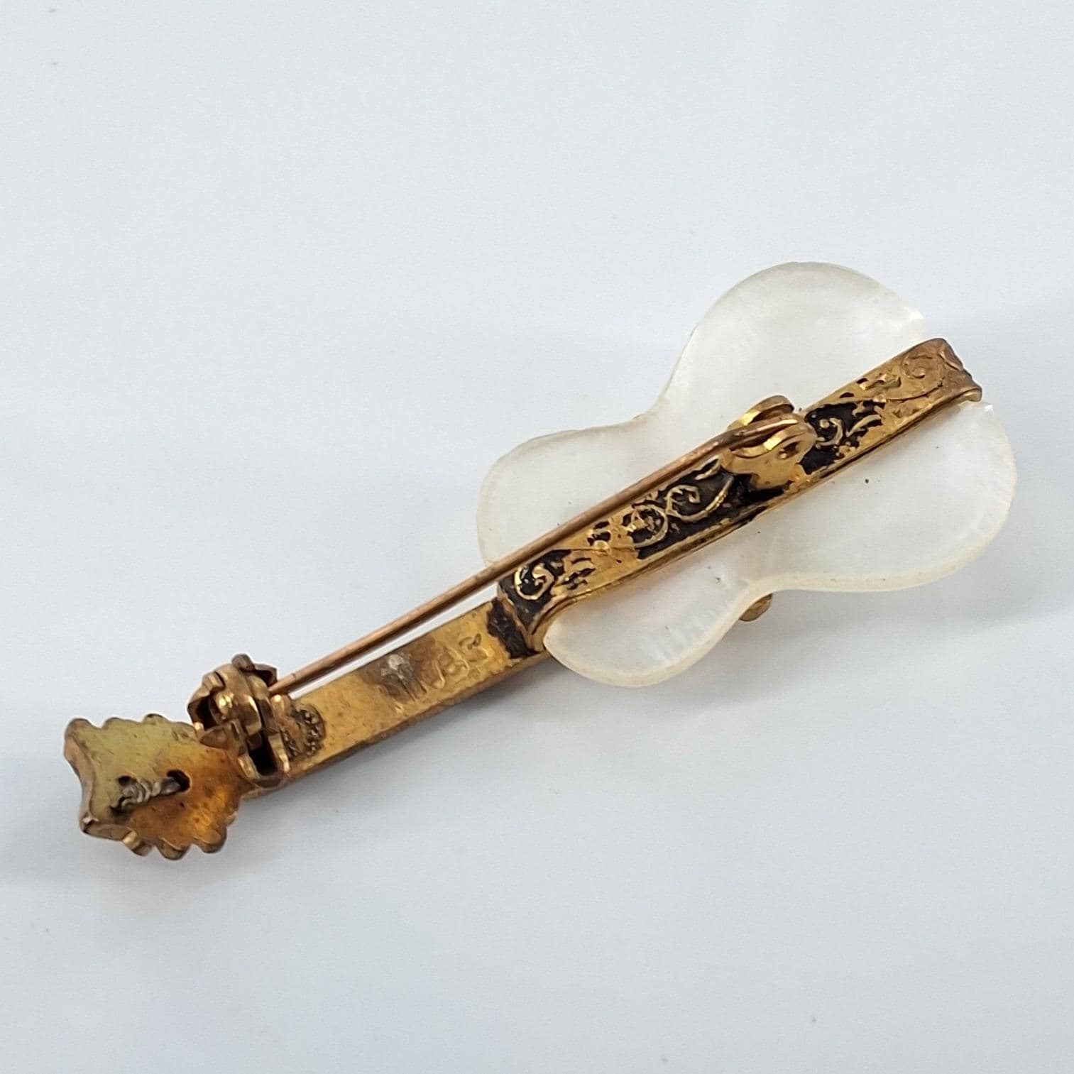 Vintage Damascene Mother of Pearl Guitar Brooch Gold Black Spain Pin 2" - View 3