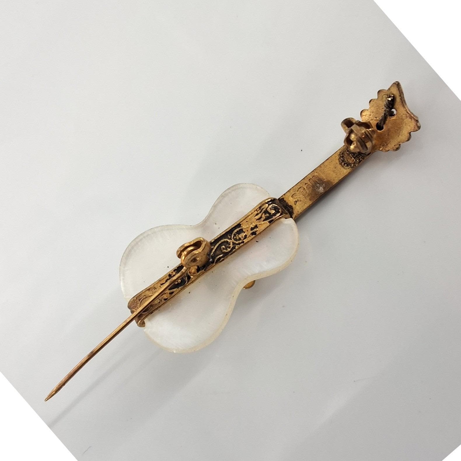 Vintage Damascene Mother of Pearl Guitar Brooch Gold Black Spain Pin 2" - View 4