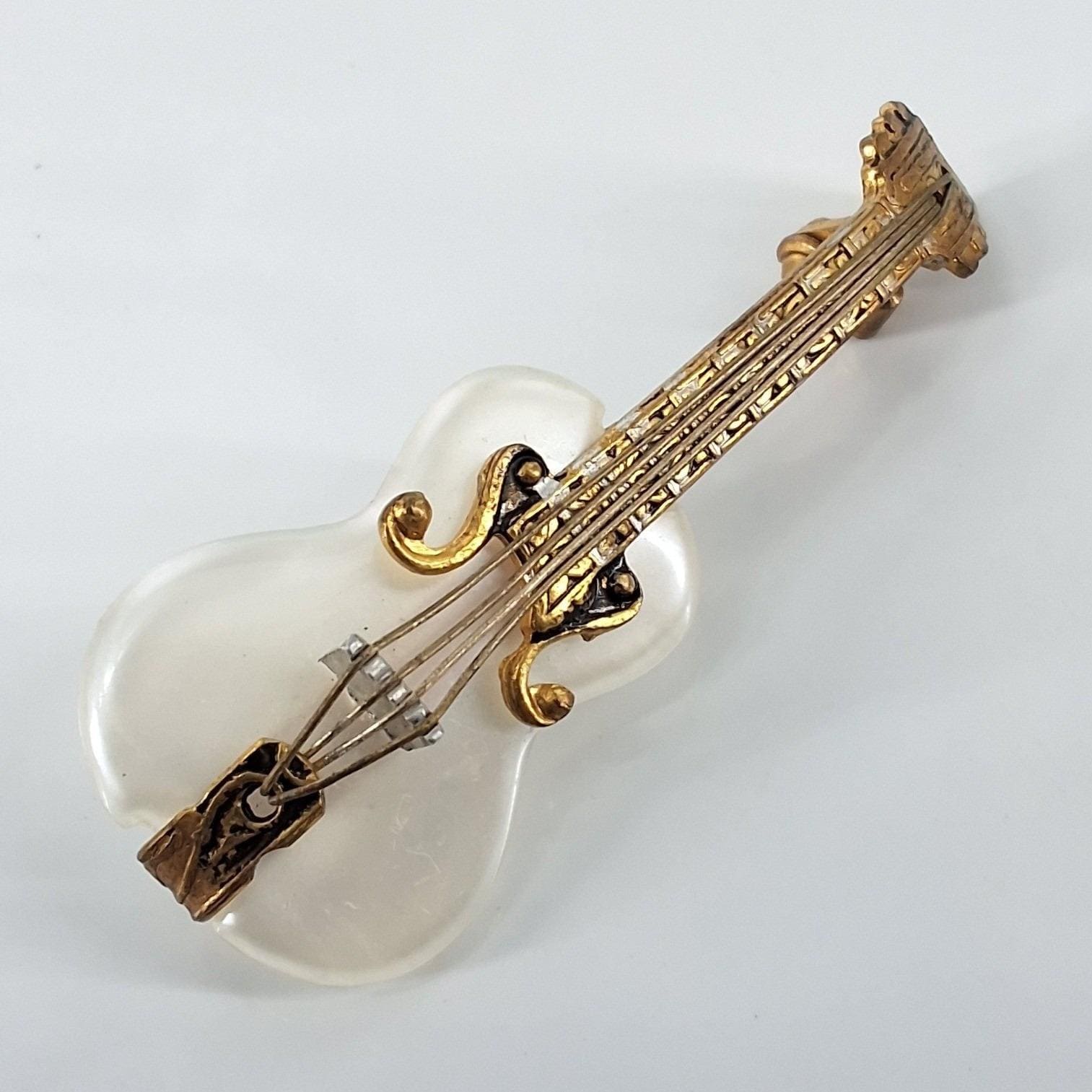 Vintage Damascene Mother of Pearl Guitar Brooch Gold Black Spain Pin 2" - View 6